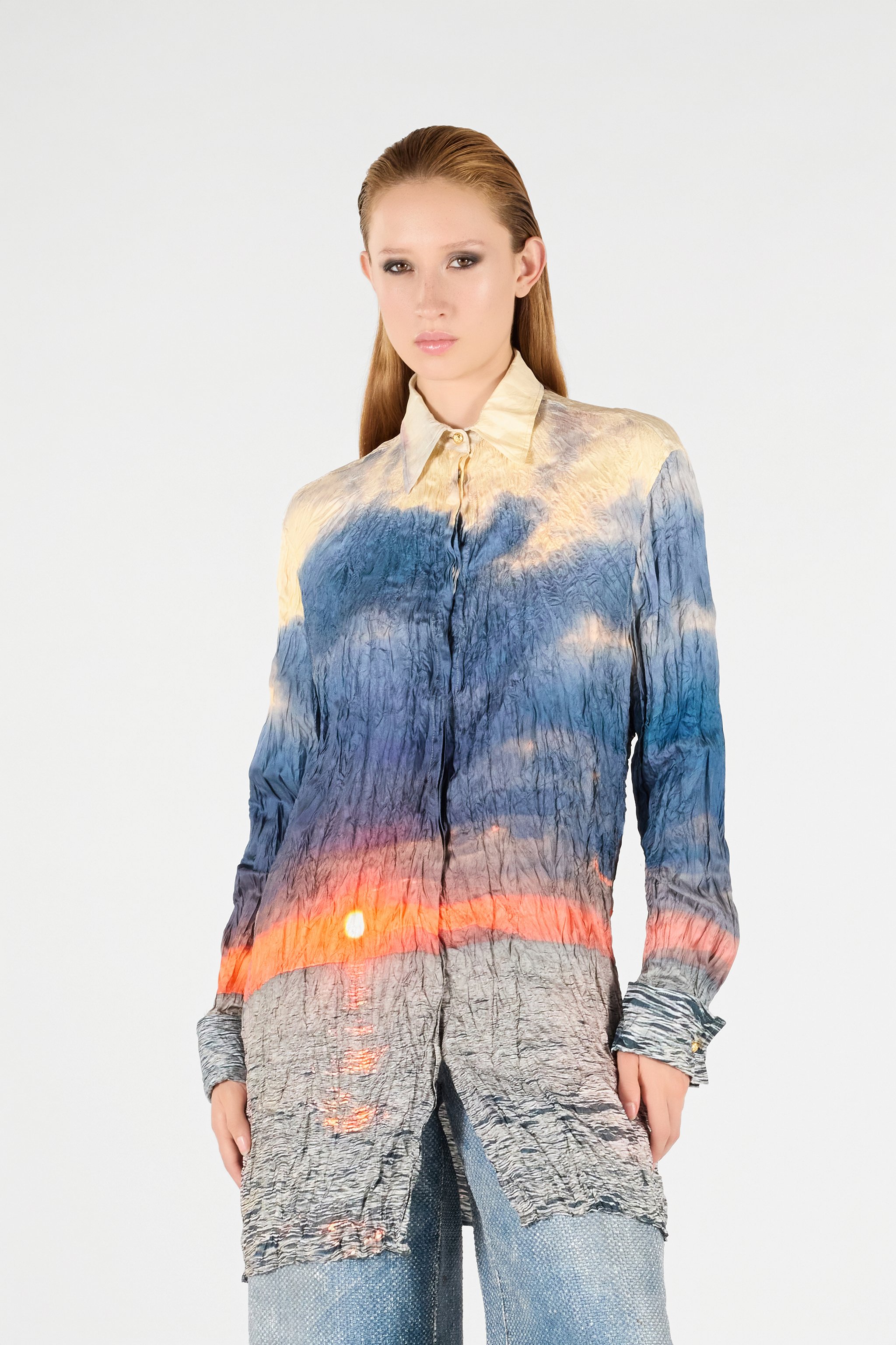 Roberto Cavalli Printed Distressed Shirt In Blue/orange