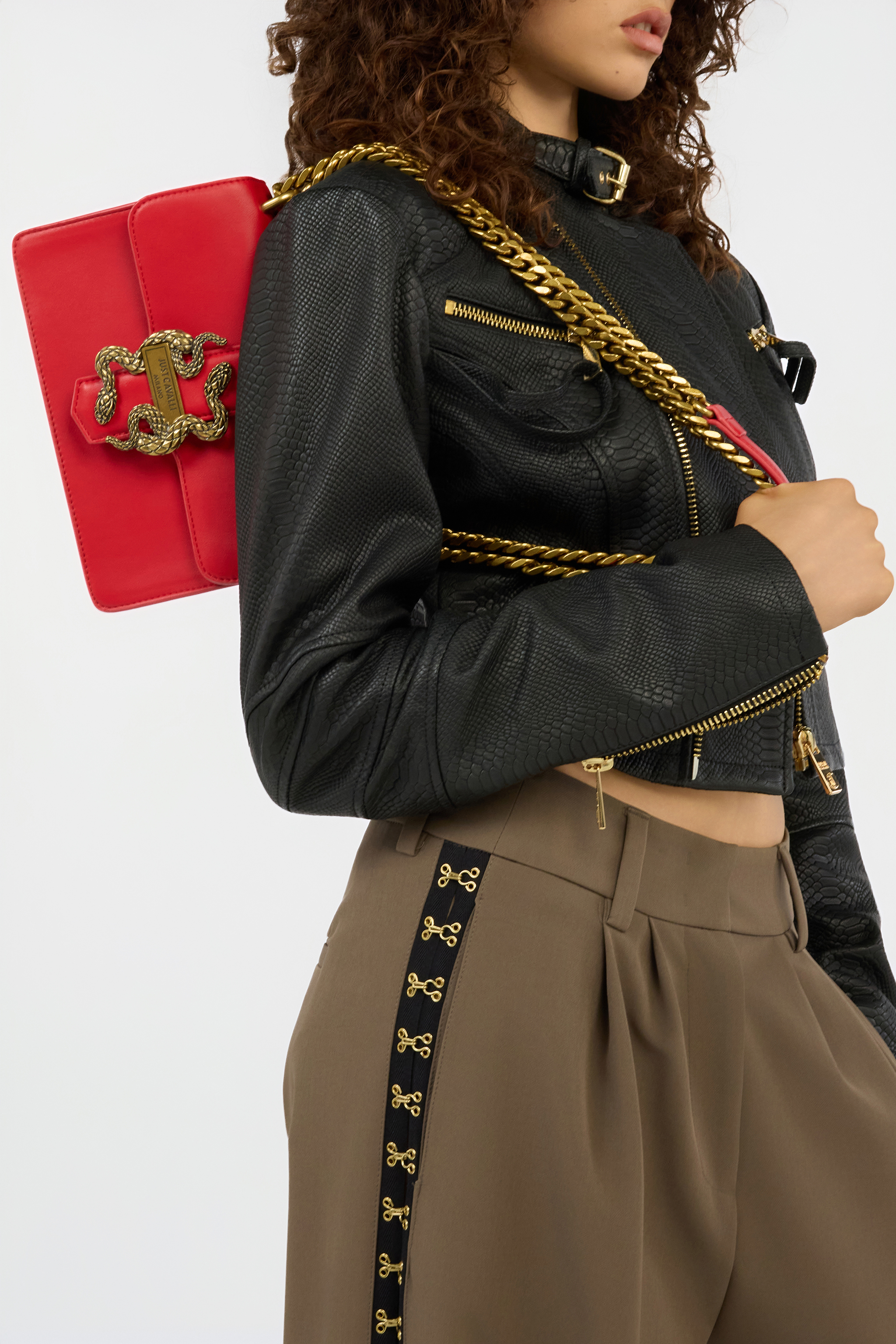 Red Shoulder Bag with Snake Buckle