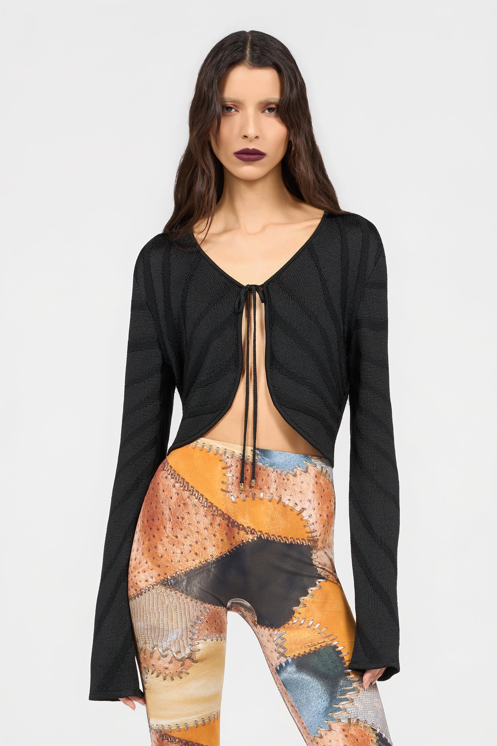 Roberto Cavalli Black Cropped Tie Front Cardigan | Thumbnail 2 Roberto Cavalli Black Cropped Tie Front Cardigan | Thumbnail 2