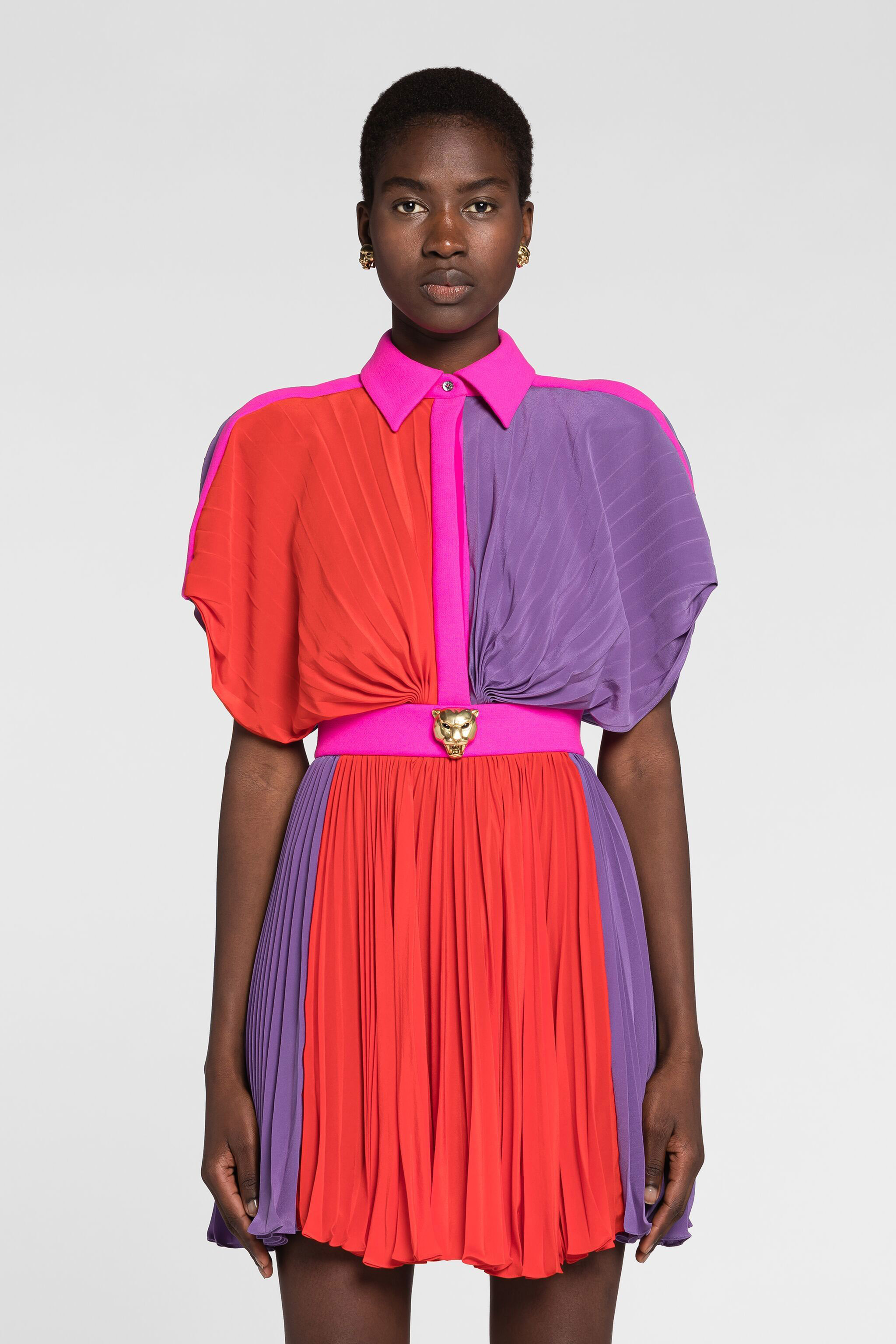 Colourblock Pleated Silk Mini Dress