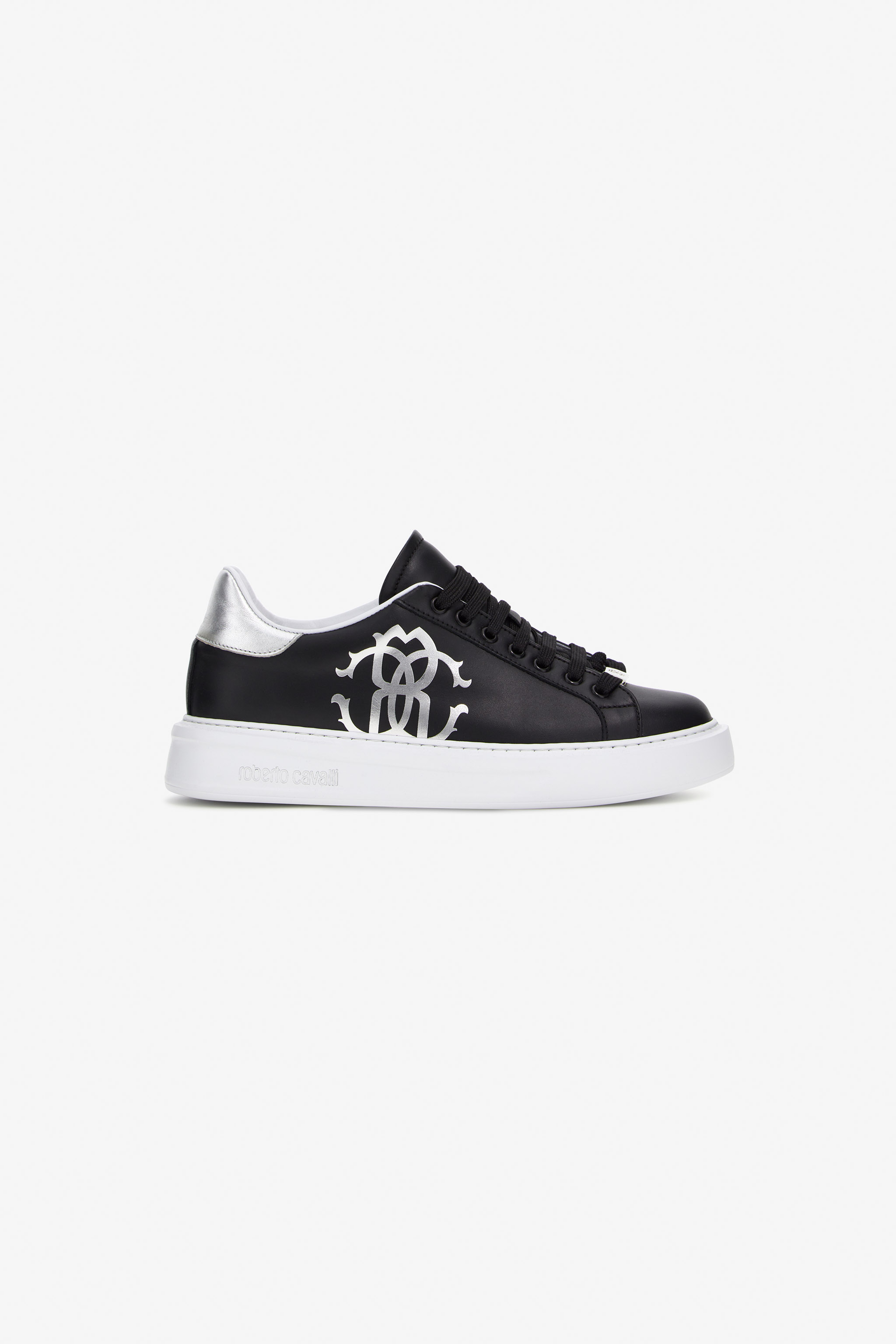Roberto Cavalli Women's Black Sneakers With Monogram Mirror Snake