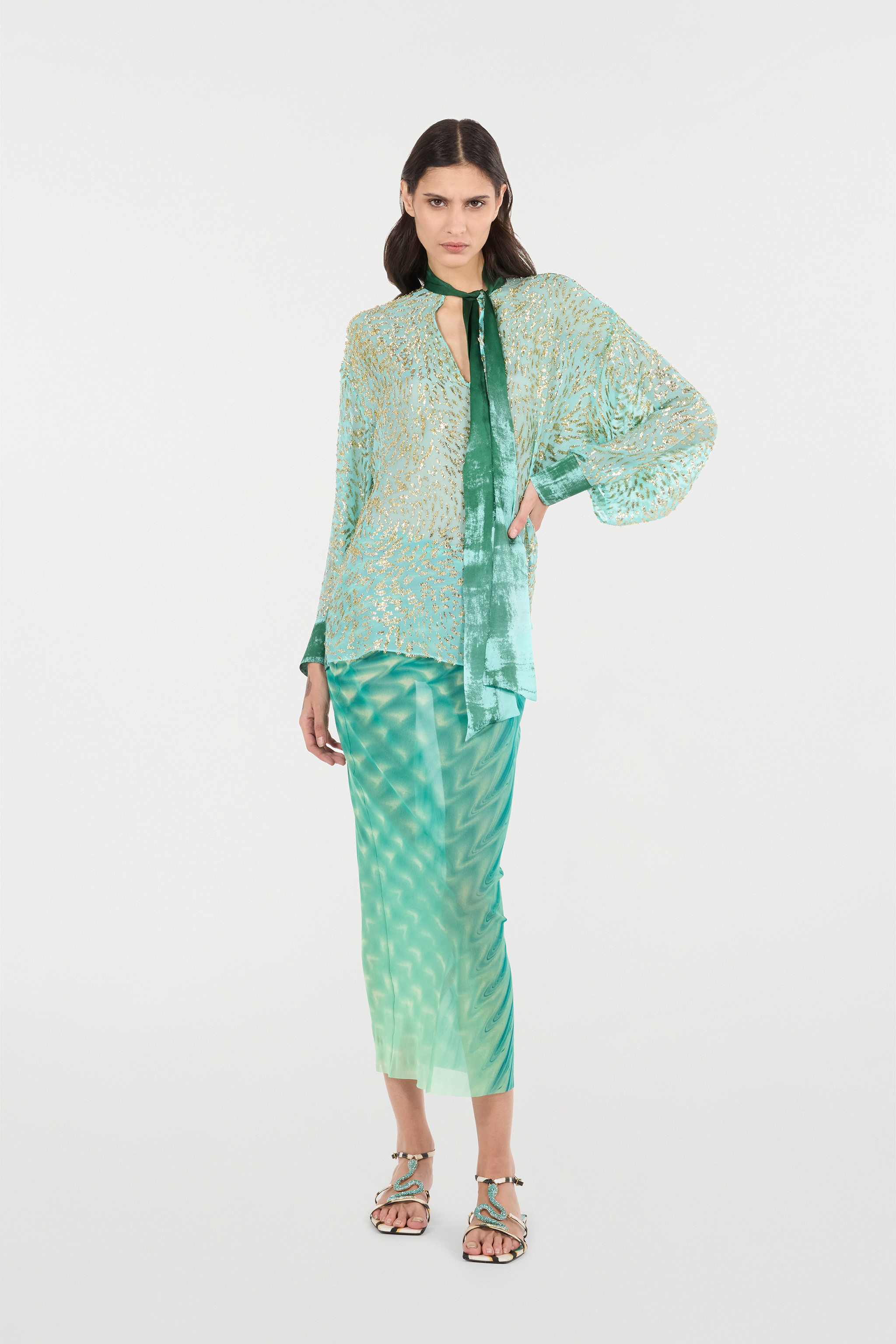 ROBERTO CAVALLI SILK BLEND BLOUSE WITH SHIMMERING PATTERN