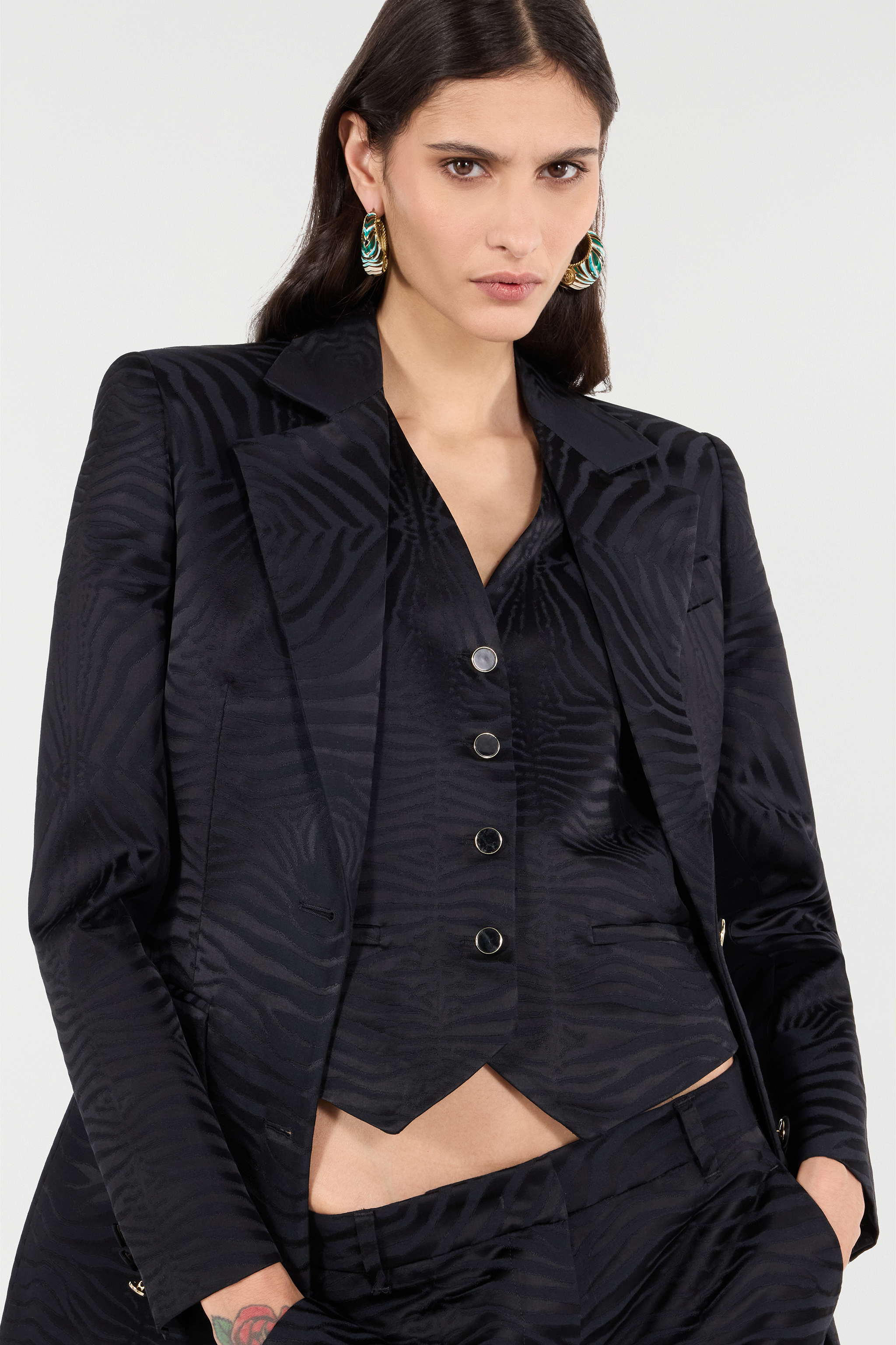 Roberto Cavalli Blazer With Monochrome Tiger Skin Pattern In Black