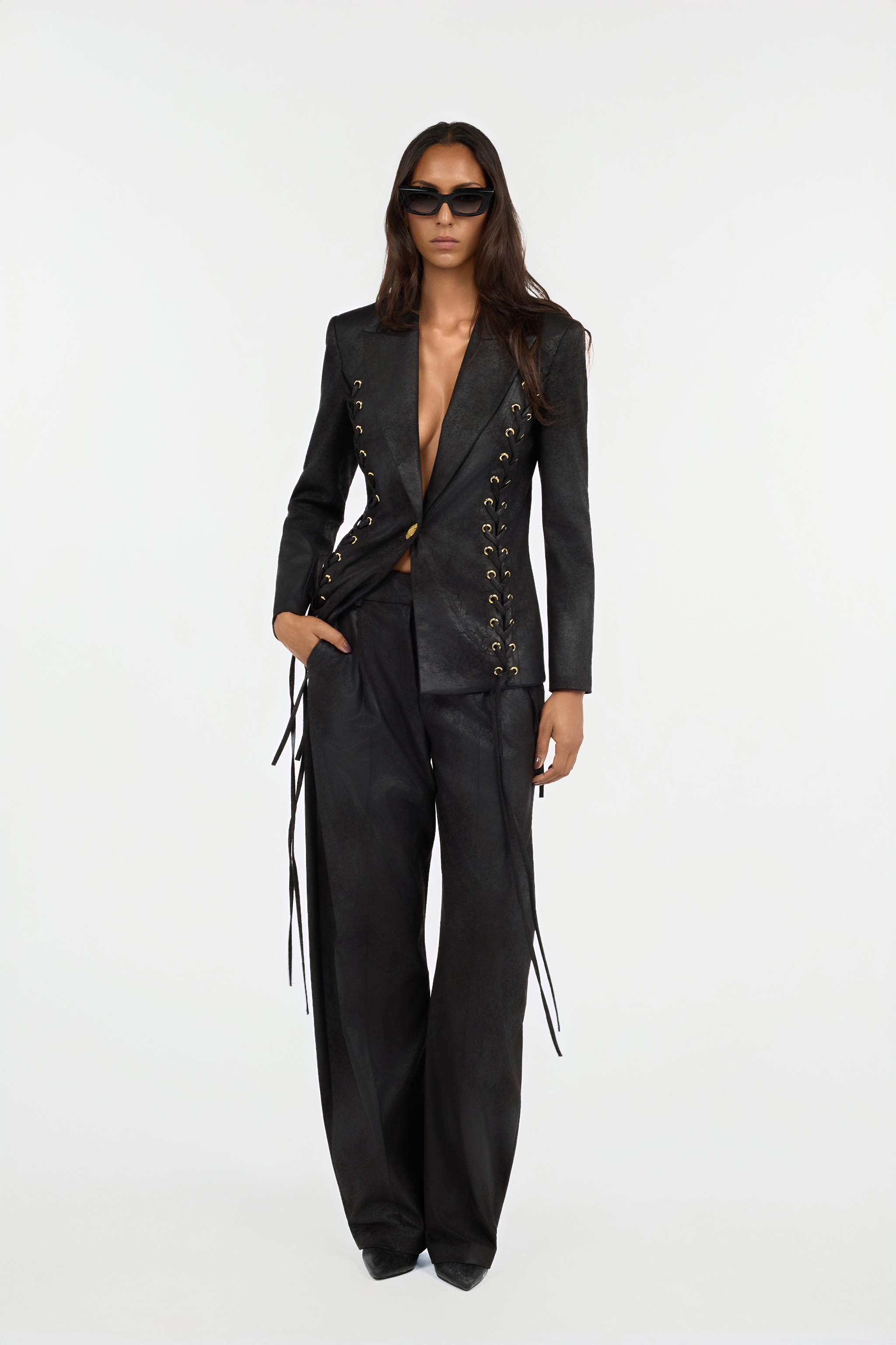 Roberto Cavalli Black Blazer With Lace-up Detail In Black