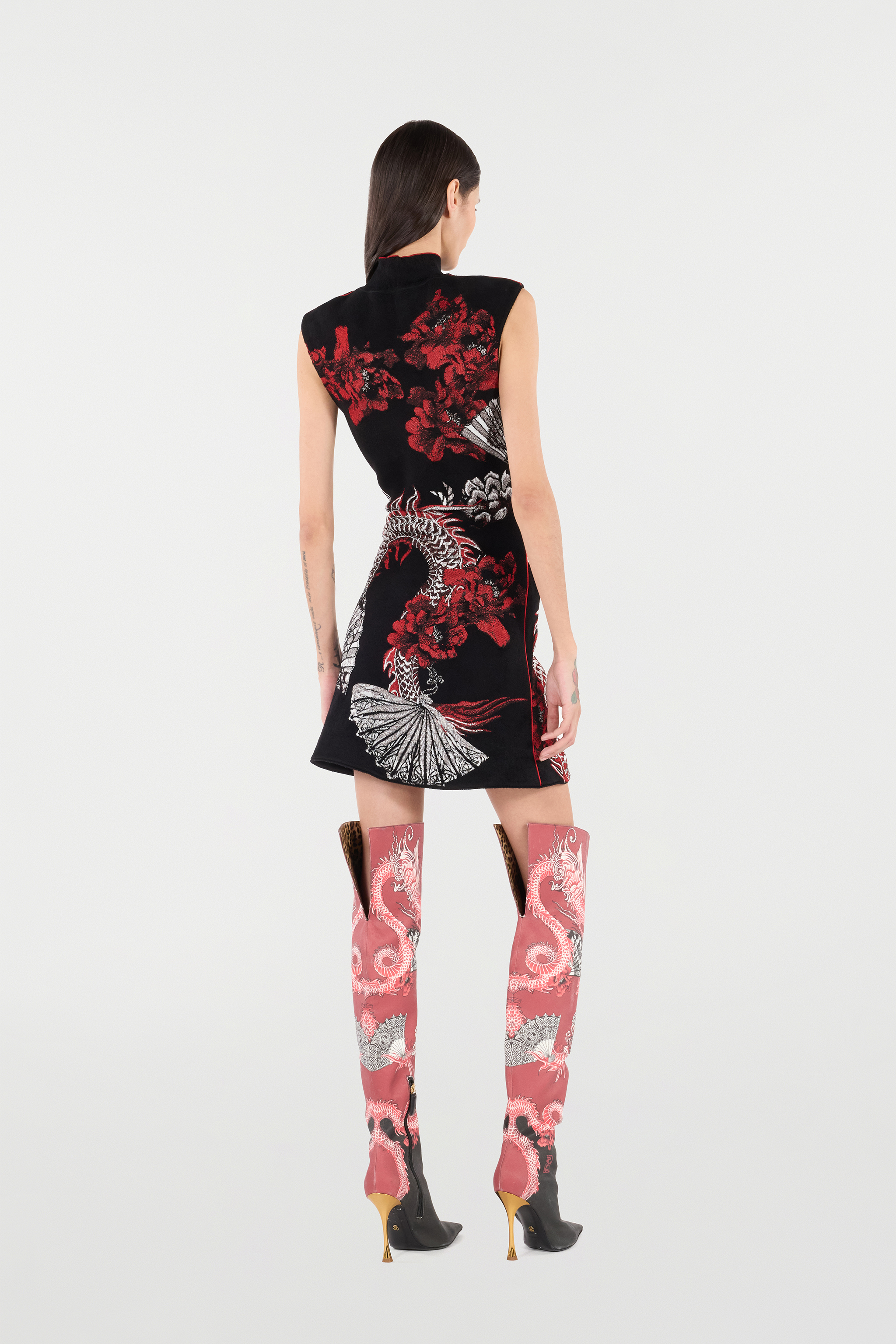 Mini Dress With Floral And Dragon Pattern