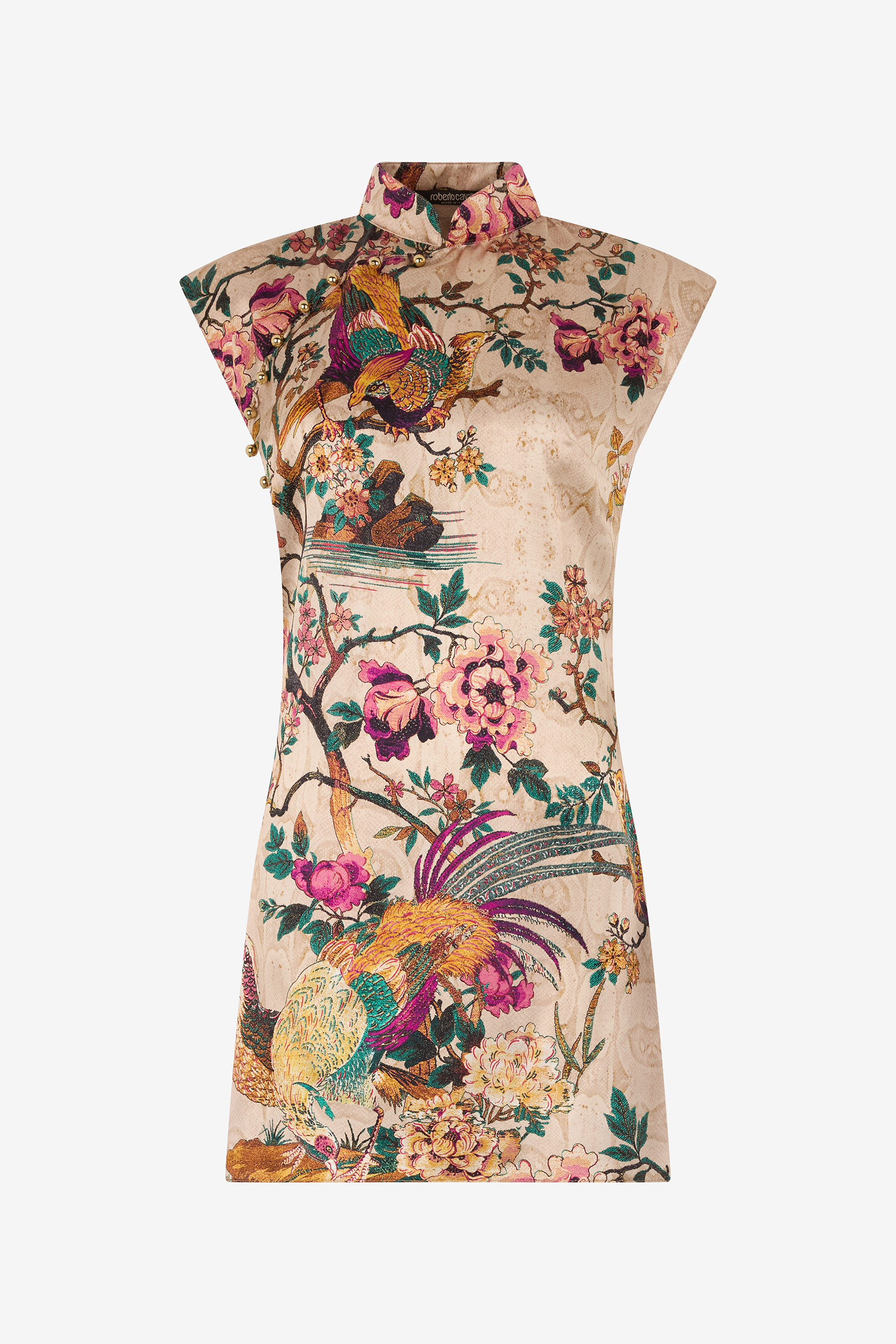 Oriental Bird Print Silk Mini Dress in Ivory/Pink for Women