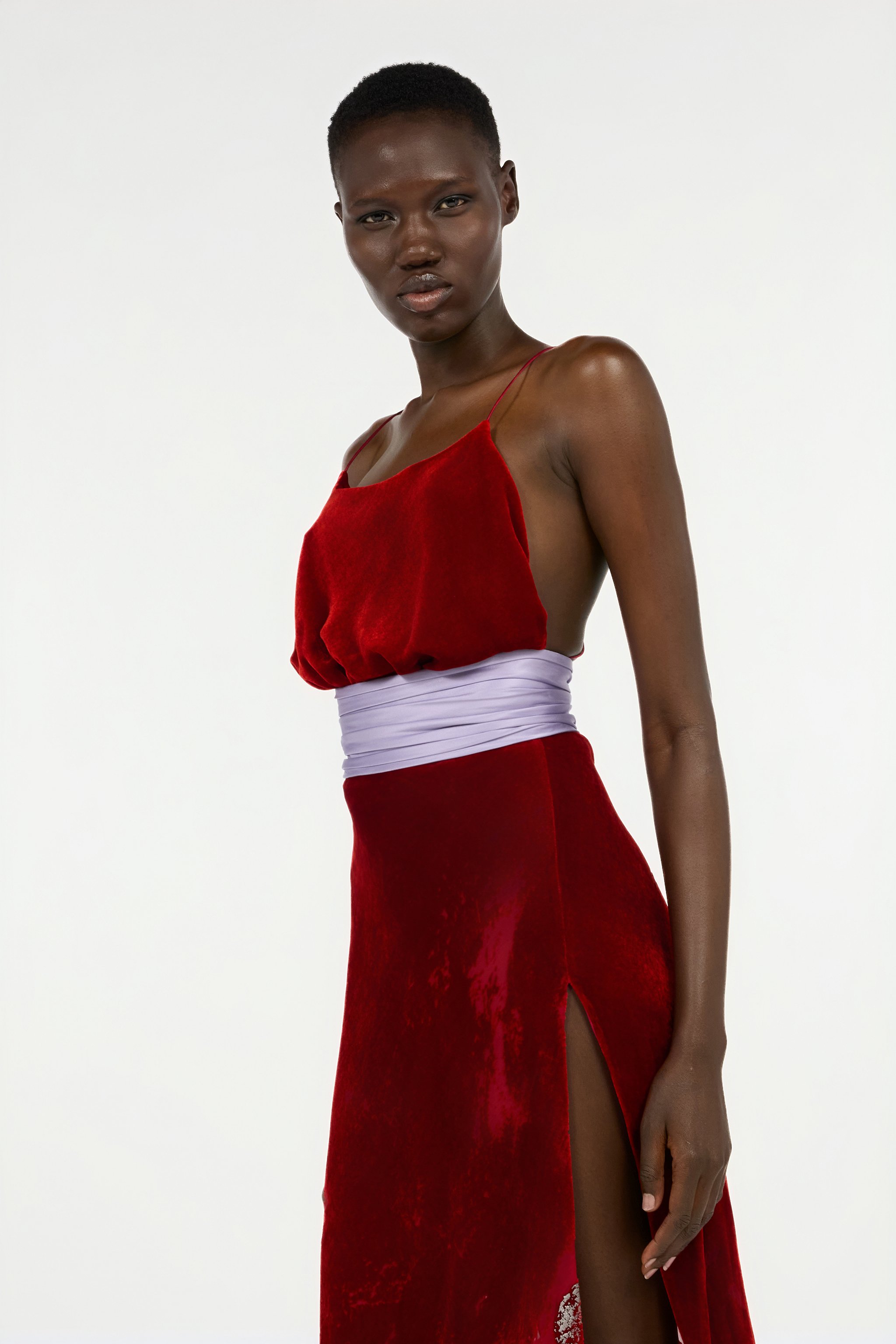 Long Dark Red Dress With Marine Print