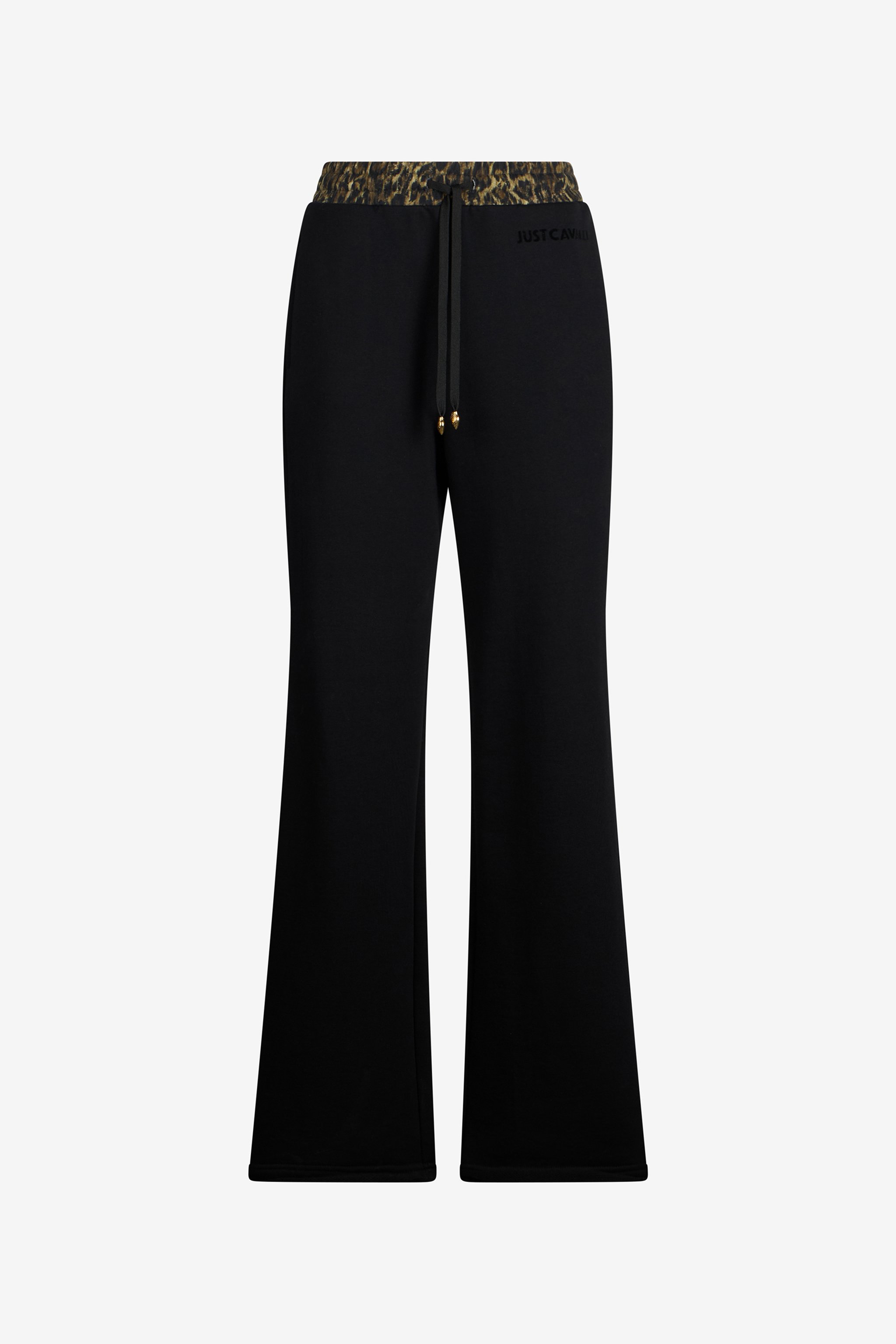 Black Flared Trousers With Leopard Print Waistband