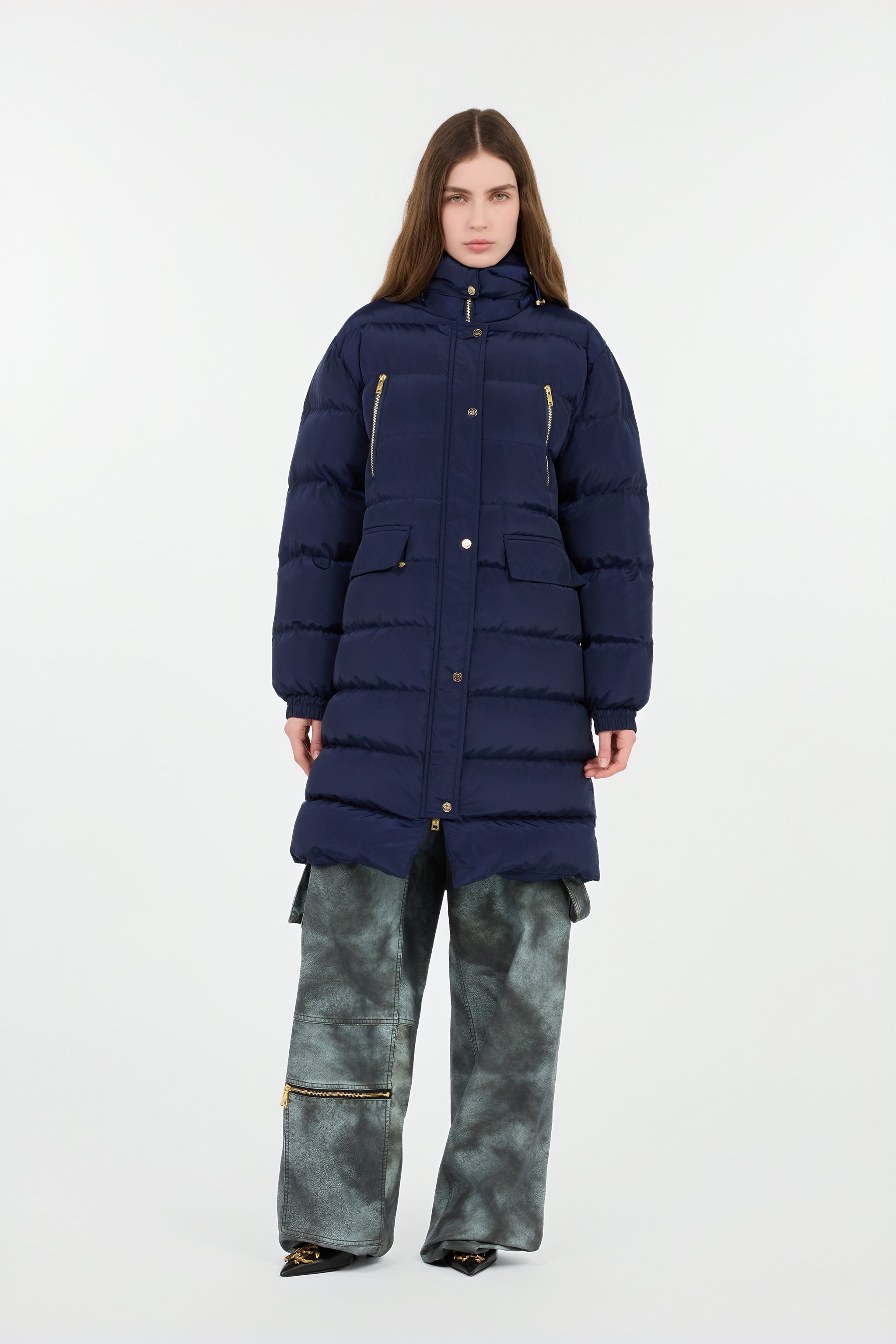 Roberto Cavalli Marble Print Down Jacket In Blue