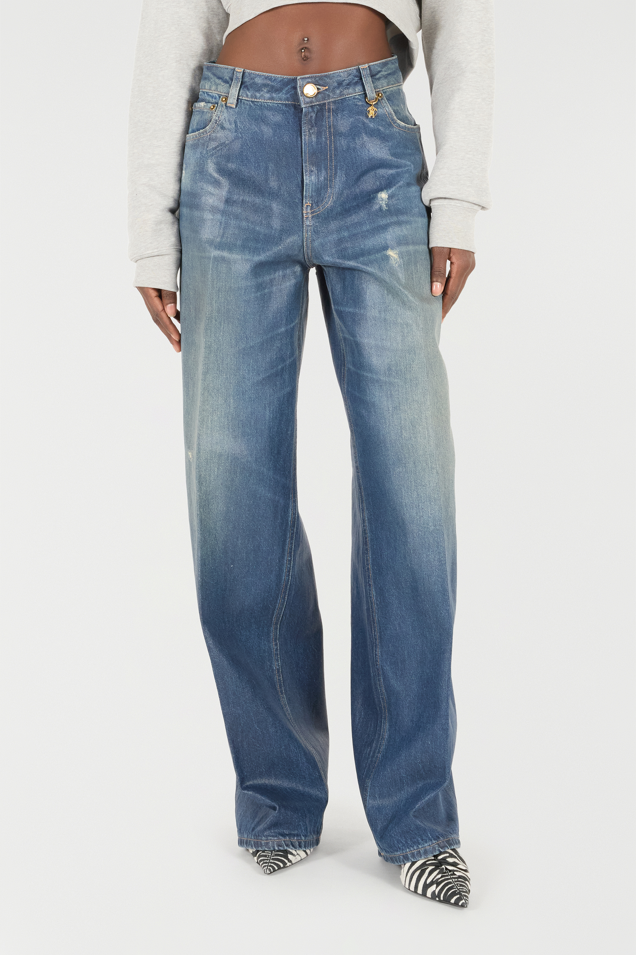 Roberto Cavalli Jeans With Mirror Snake Monogram Charm In Blu Scuro 193921