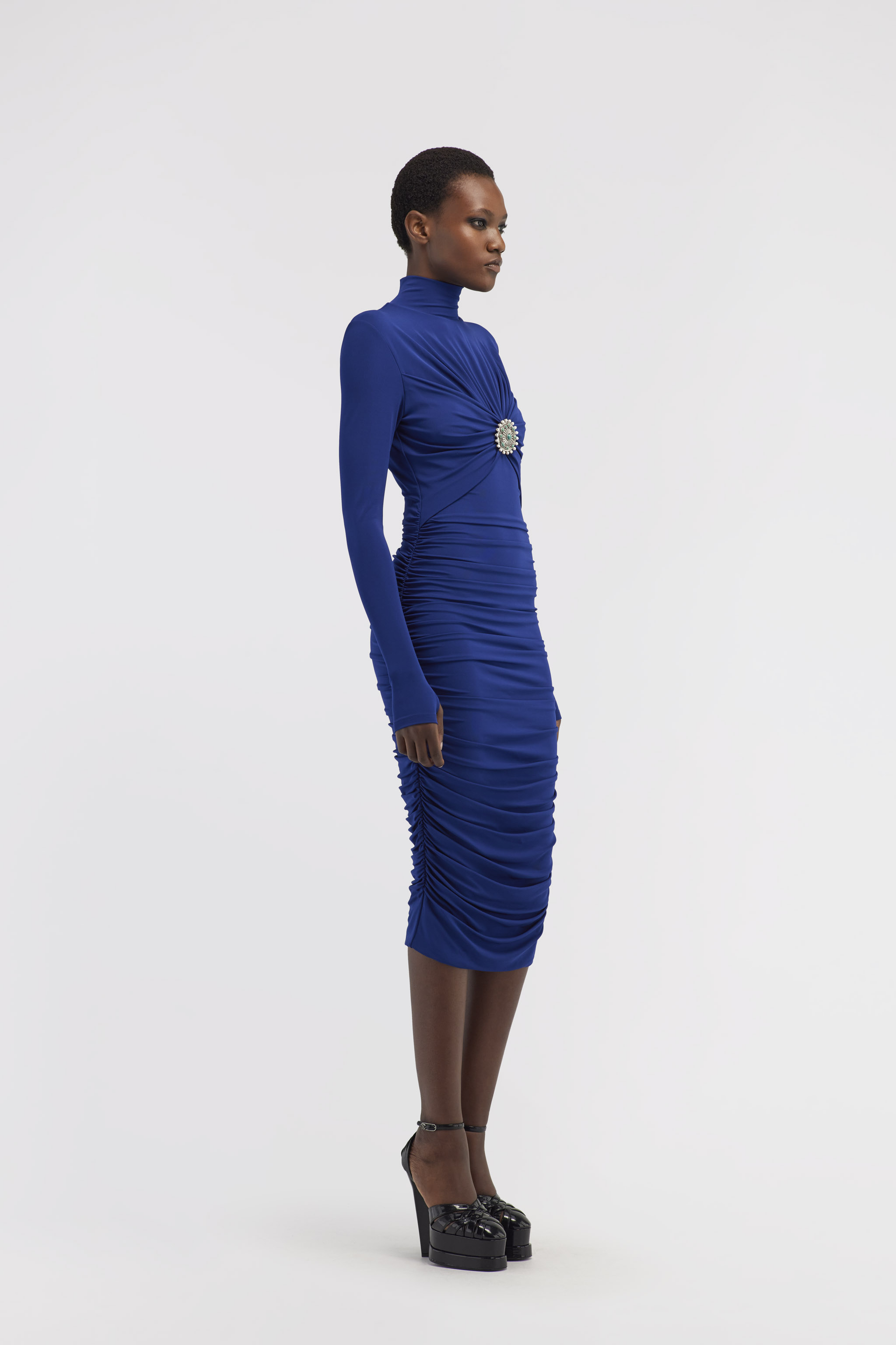Roberto Cavalli Midi Dress With Ruffles And Stones In Dark Blue