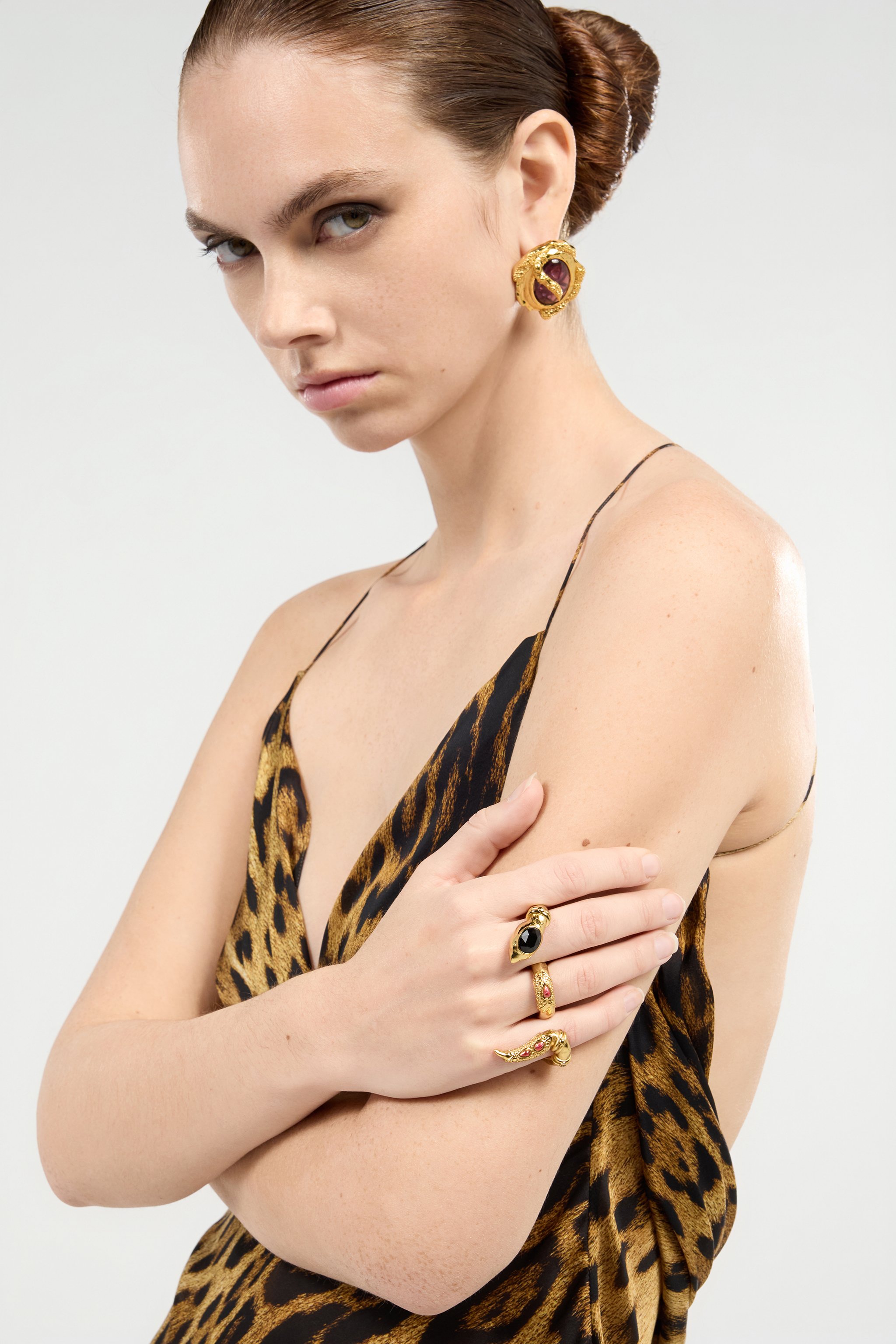 Roberto Cavalli Three-finger Golden Ring With Black Stones And Ruby
