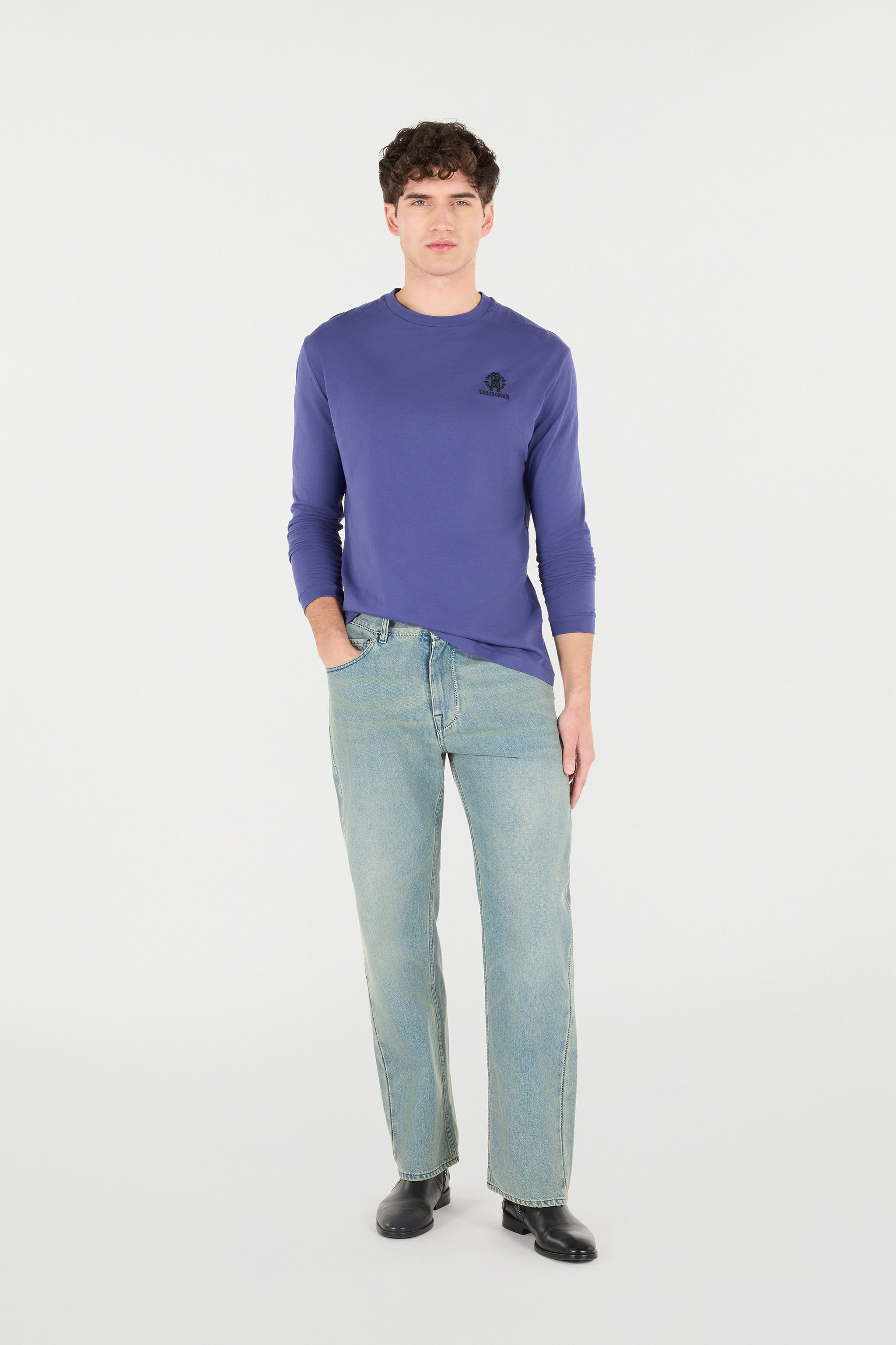 Roberto Cavalli Long-sleeved T-shirt With Monogram Rc In Navy