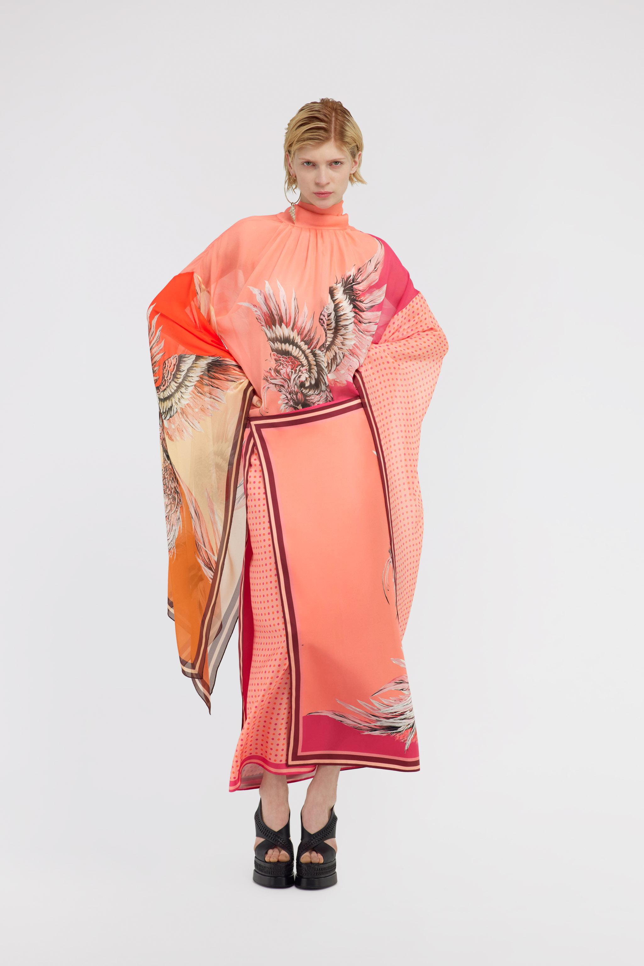 Roberto Cavalli Plumage Print Silk Skirt In Fuchsia