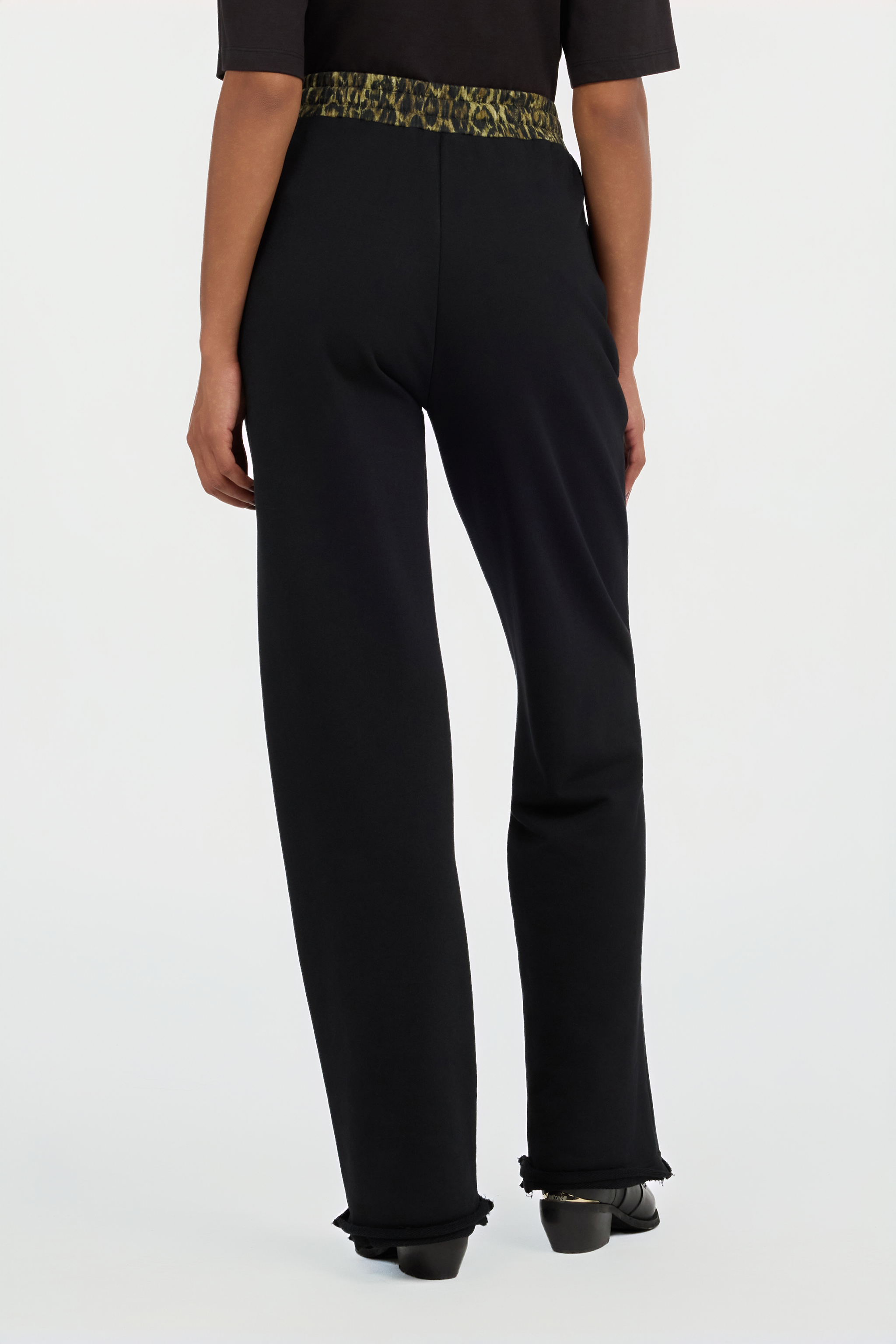 Roberto Cavalli Black Flared Trousers With Leopard Print Waistband In Brown