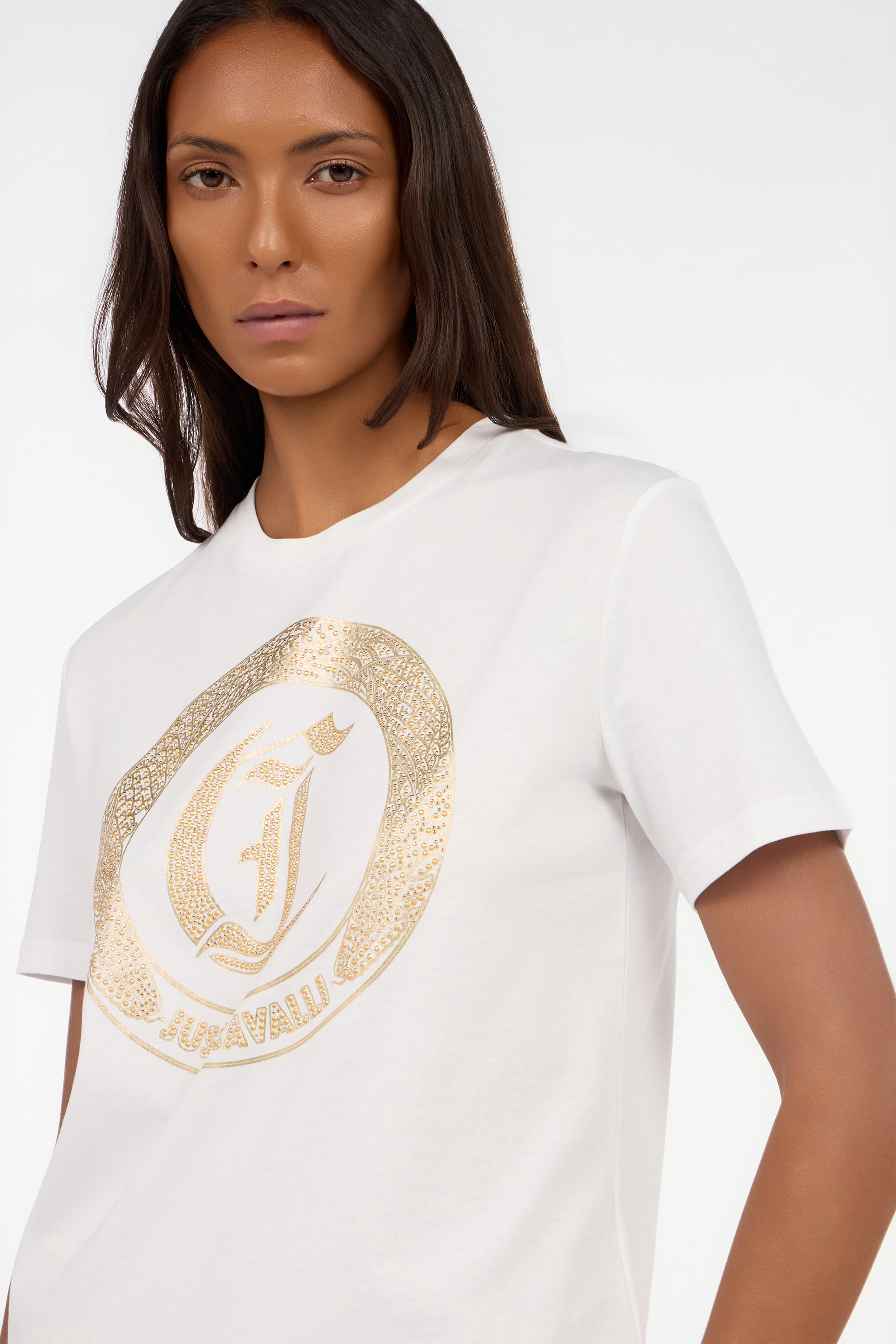 Roberto Cavalli White T-shirt With Logo And Studs In Multi