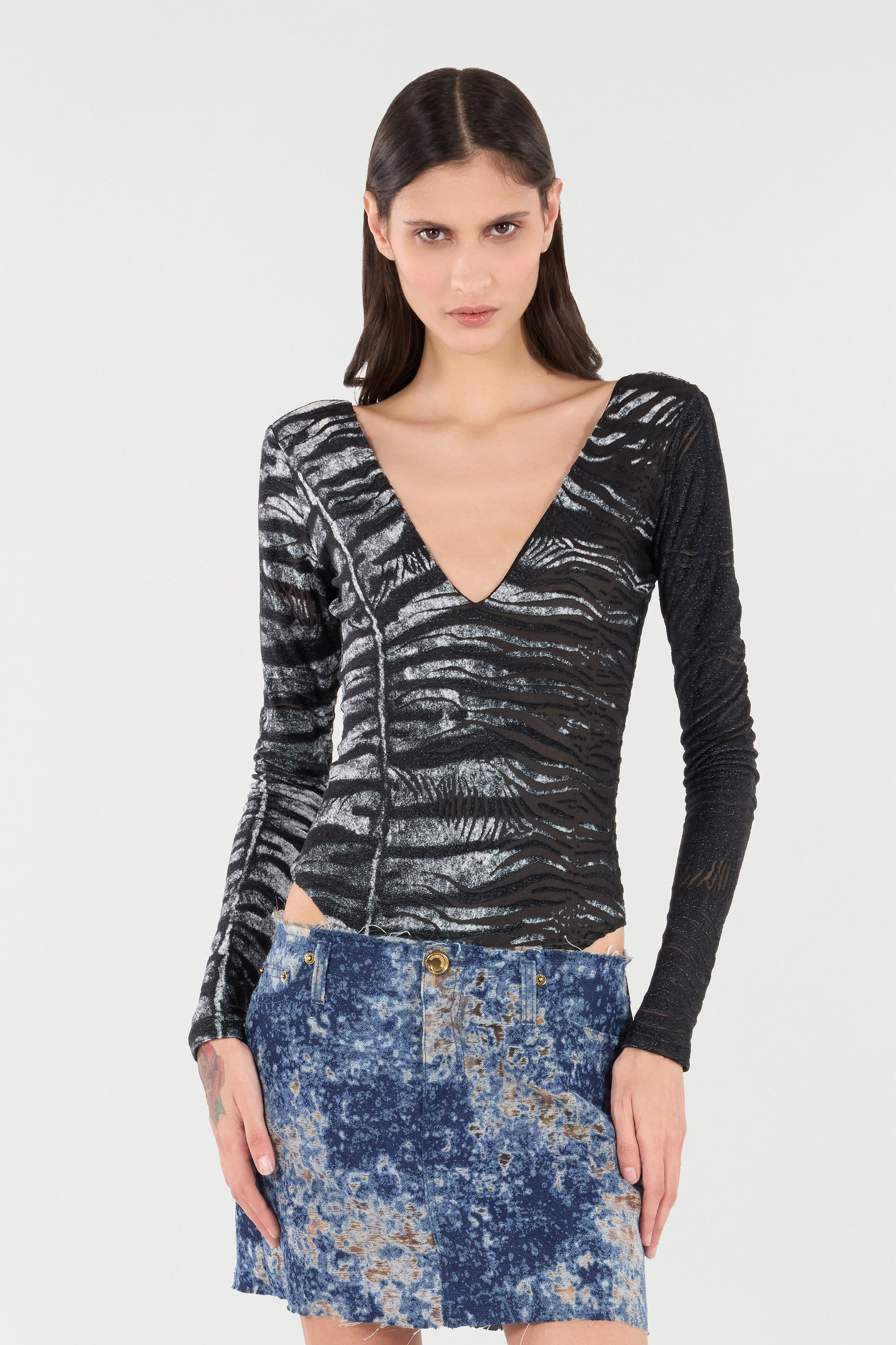 Roberto Cavalli Body Suit With Zebra And Tiger Skin Pattern In Nero/bianco