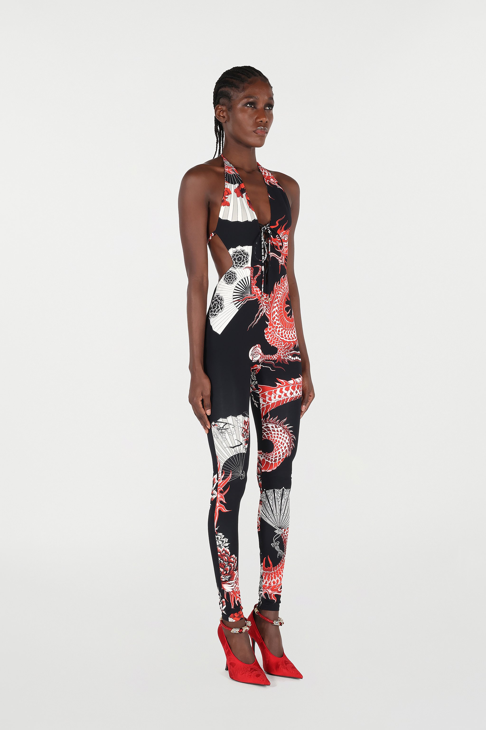 Roberto Cavalli Jumpsuit With All-over Dragon In Multi