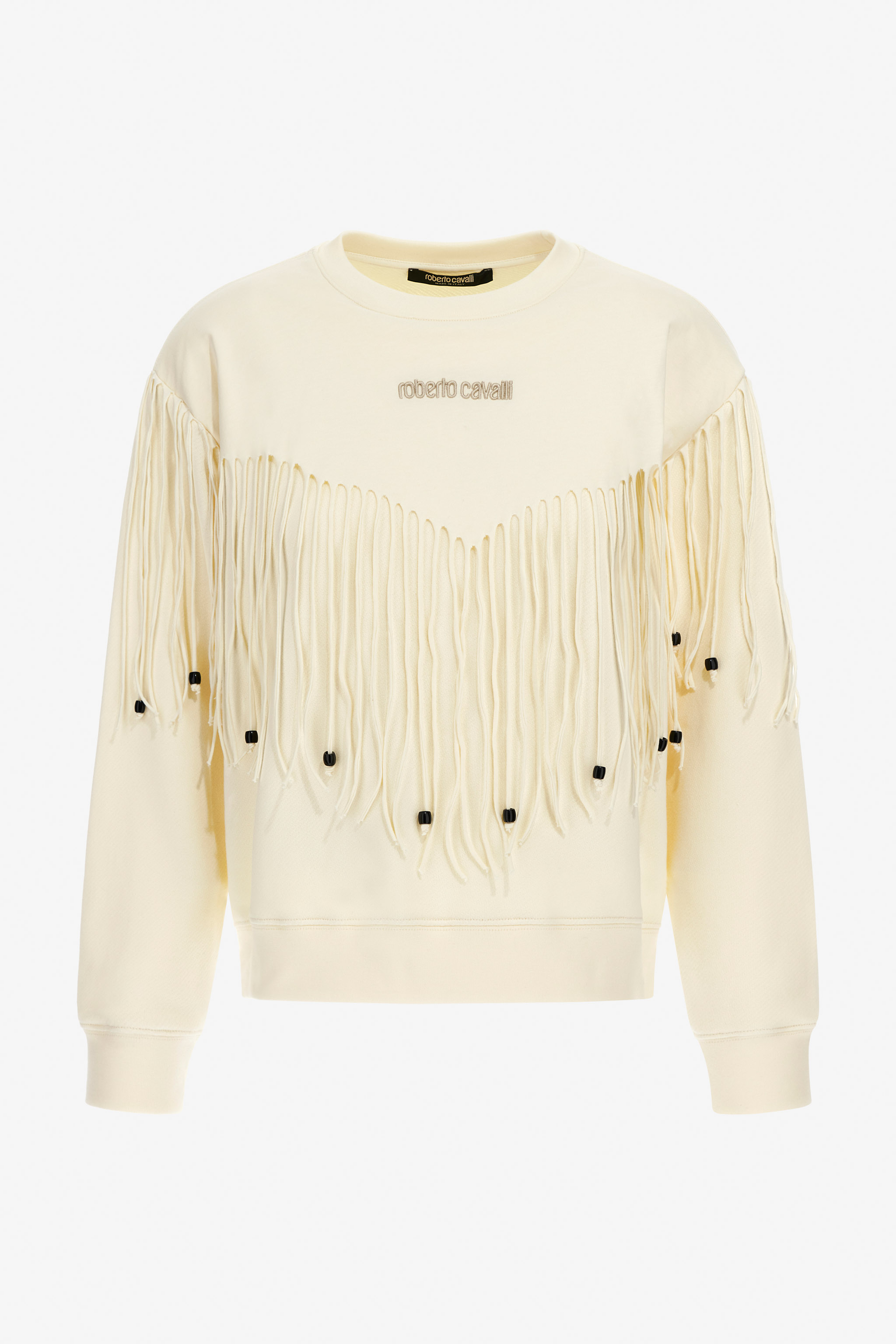 Roberto Cavalli Sweatshirt With Fringe In Ivory