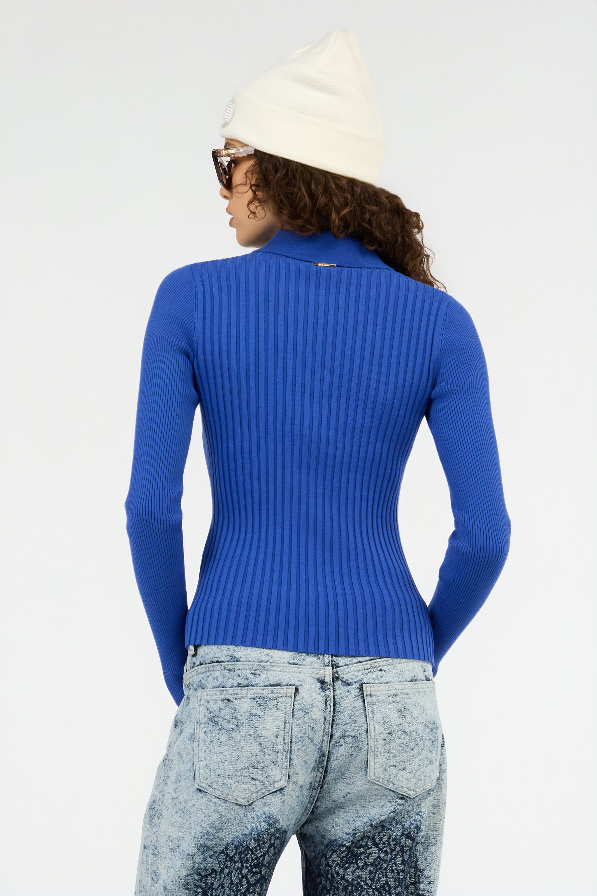 Blue Ribbed Zip-Up Sweater