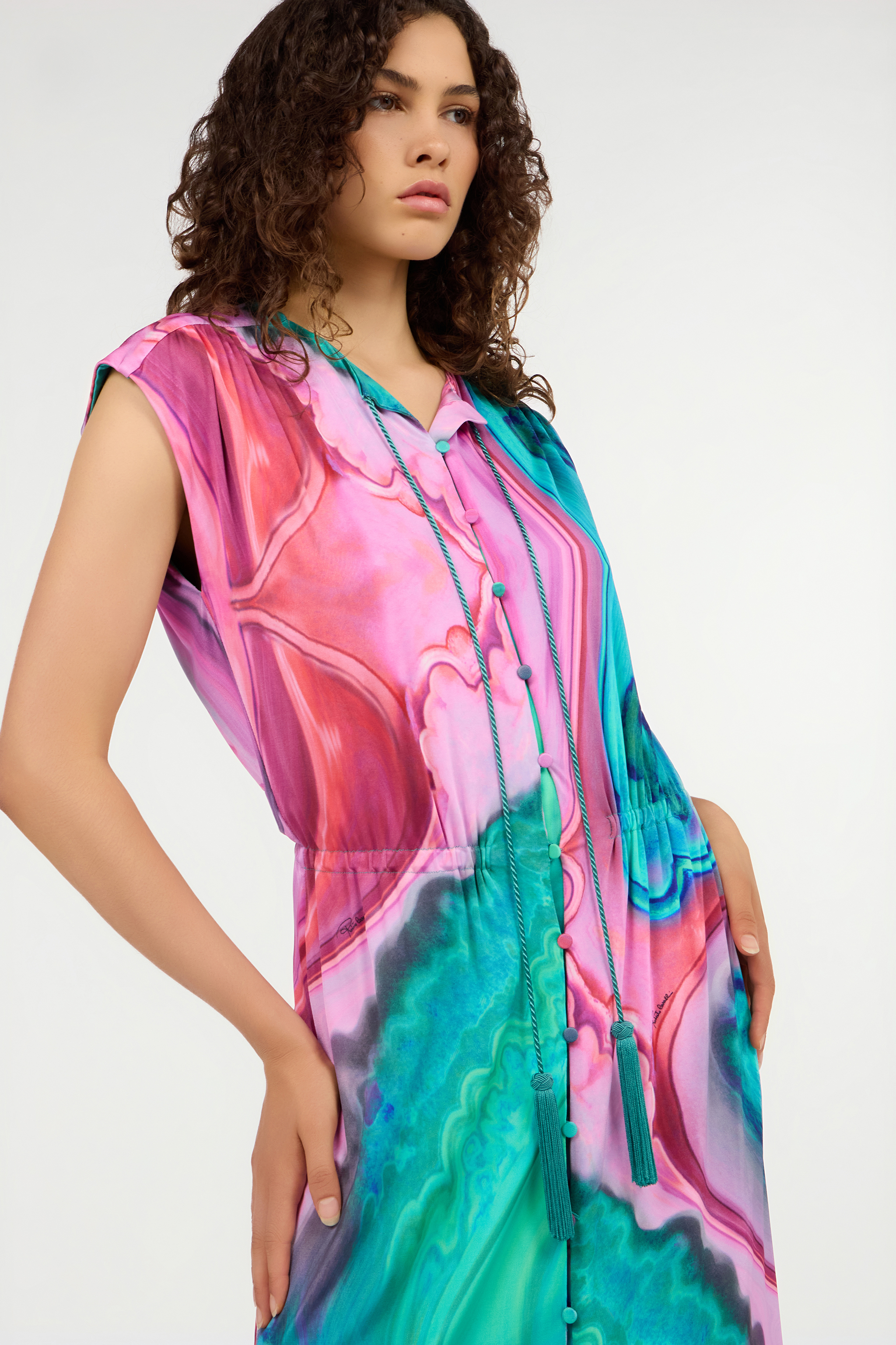 Long dress chemisier with multicolor marbled print