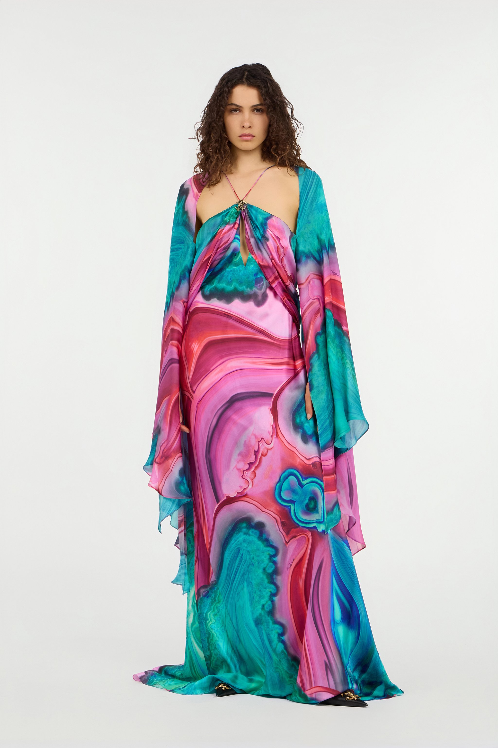 Long silk dress with cut-out and multicolor marble print