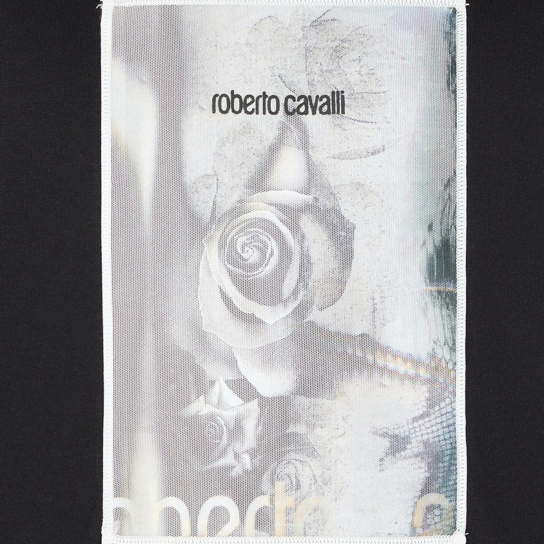 Roberto Cavalli Rose-print T-shirt With Logo In Black