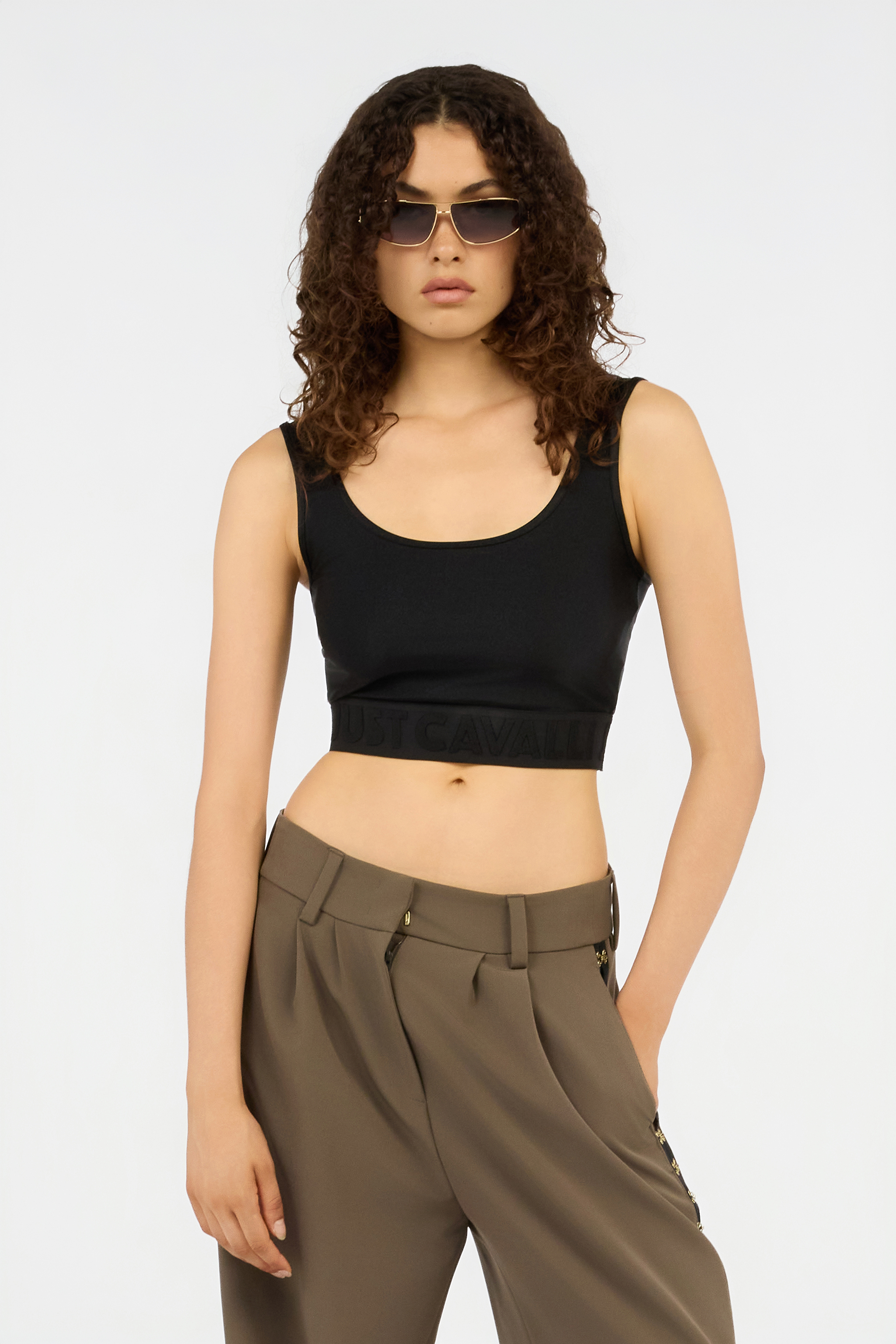 Roberto Cavalli Black Crop Top With Logo Band In Black