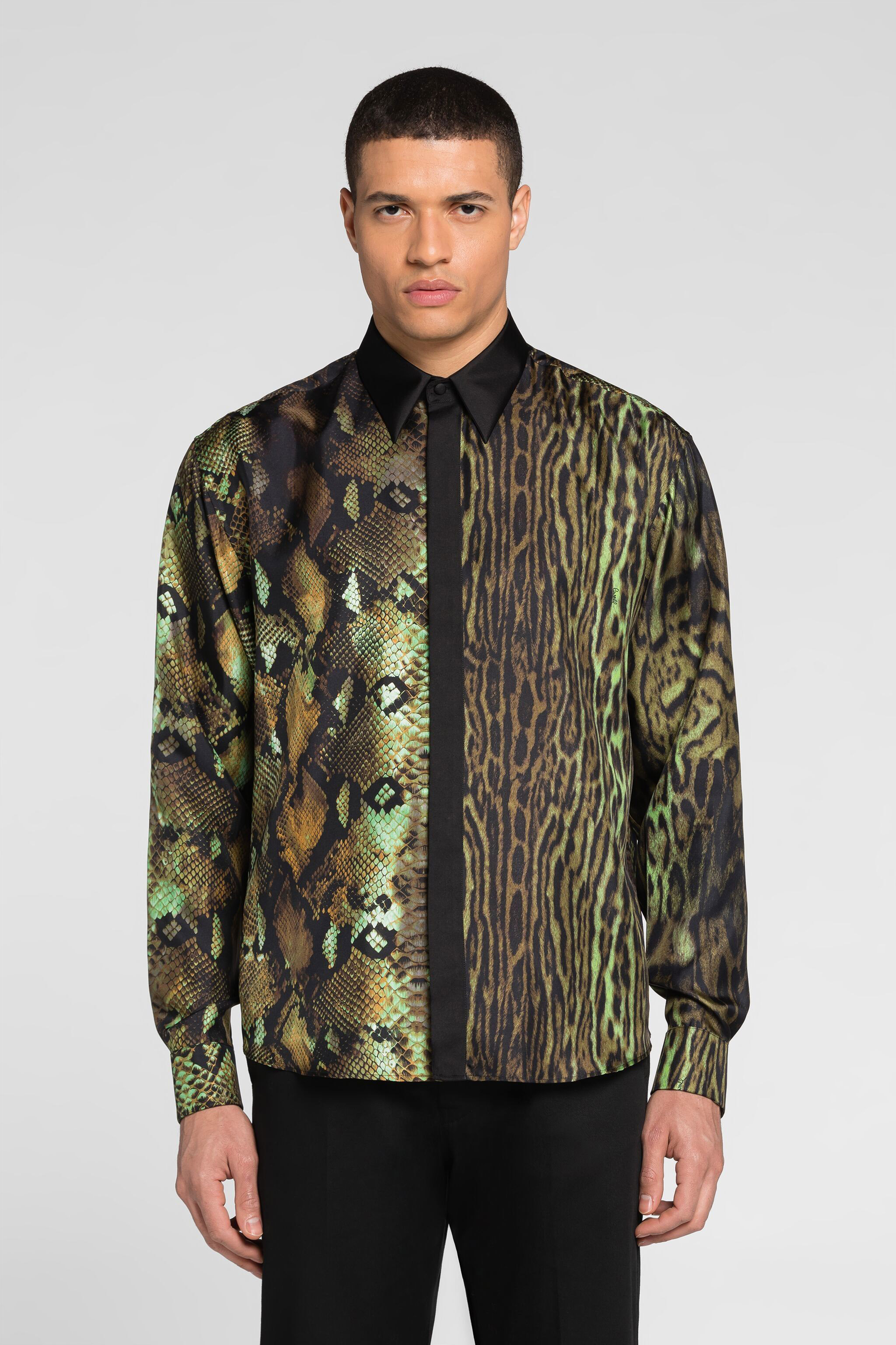  Roberto Cavalli Python And Ocelot-print Silk Shirt - Male Shirts Military 46 