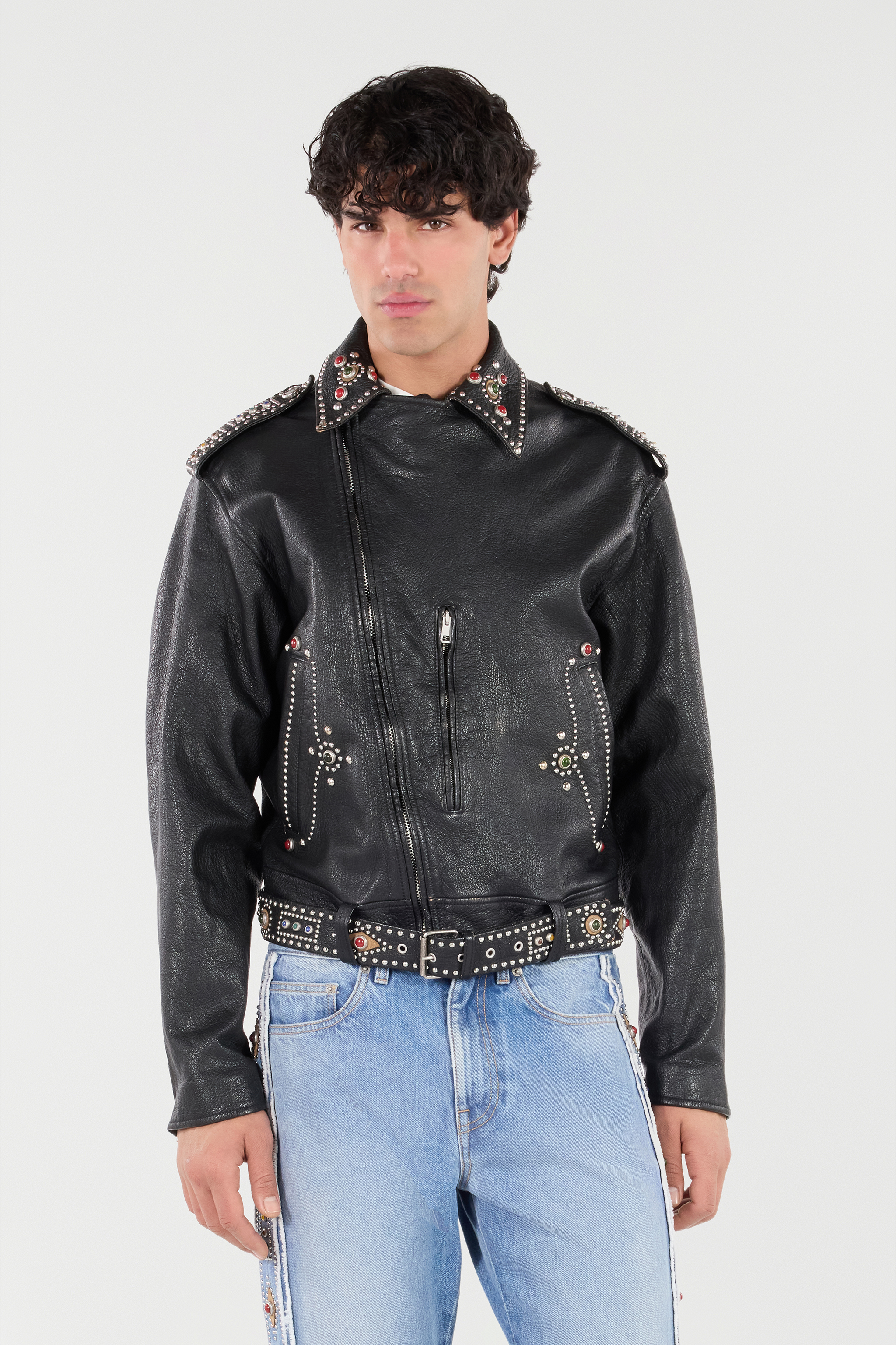 Shop Roberto Cavalli Leather Biker Jacket With Studs And Stones