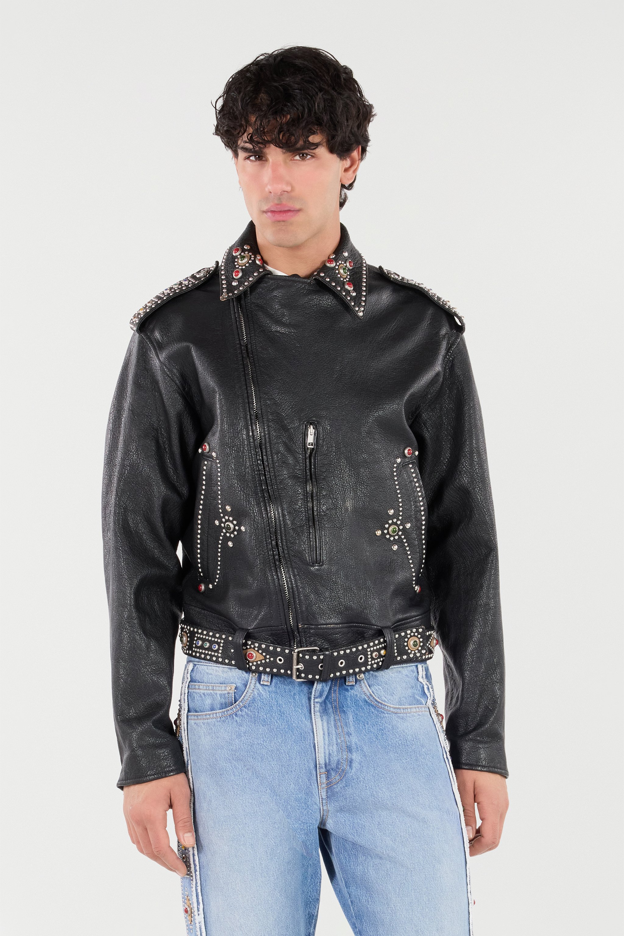 Shop Roberto Cavalli Leather Biker Jacket With Studs And Stones