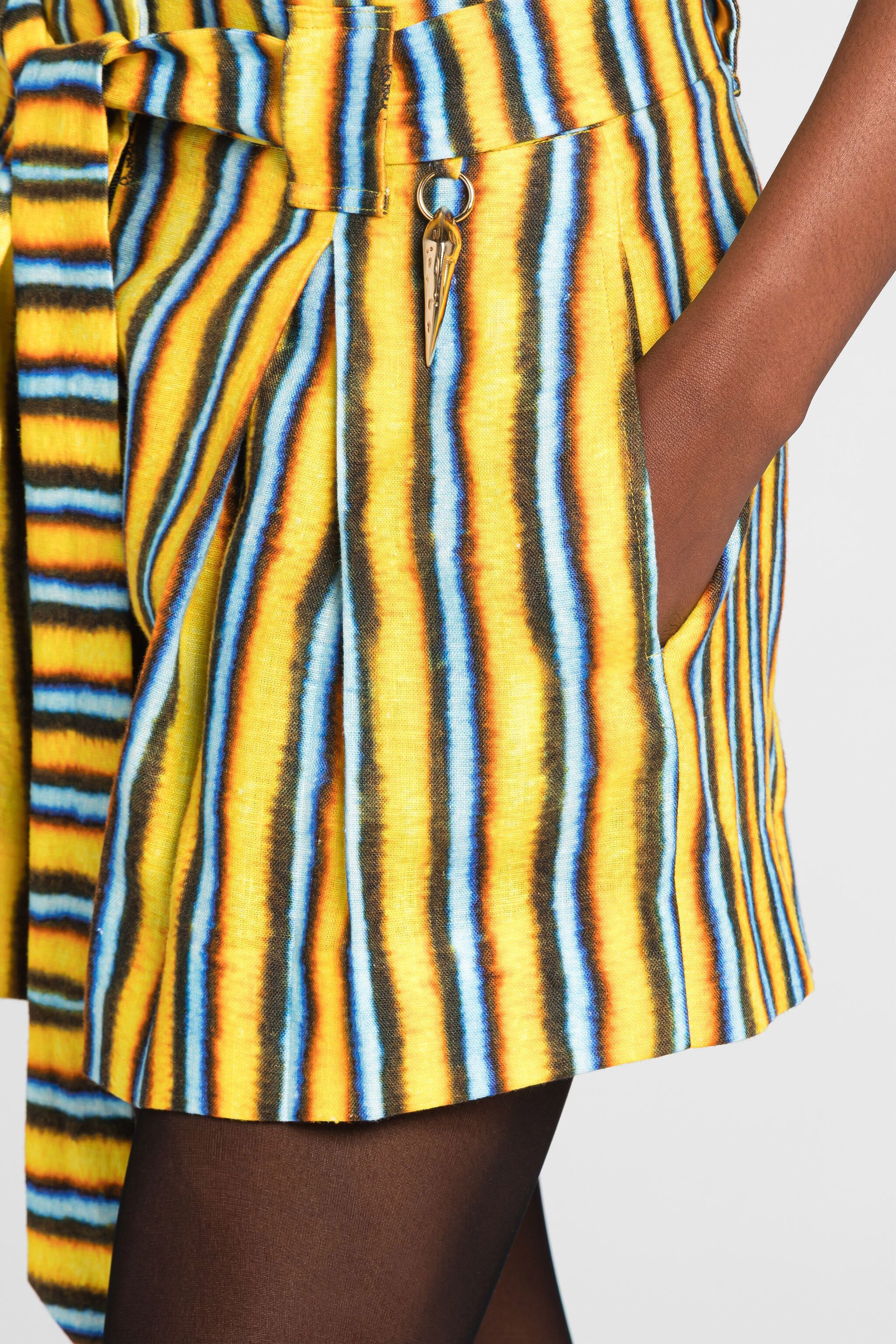 Roberto Cavalli Striped Tied-waist Linen Shorts In Yellow