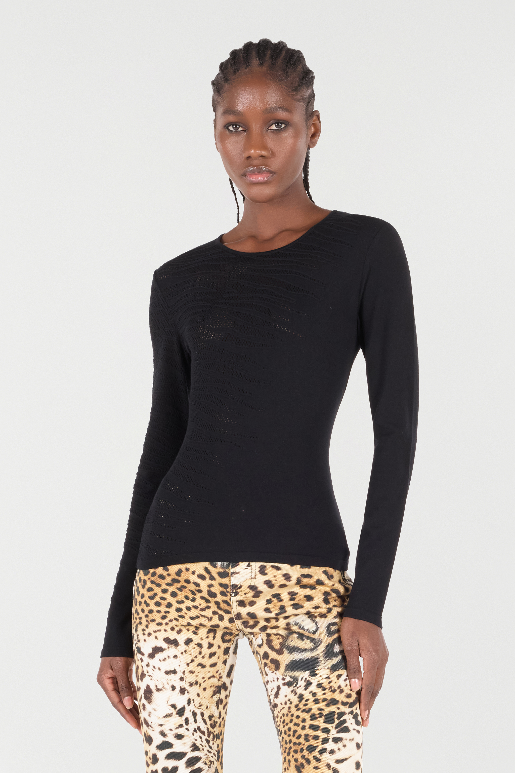 Roberto Cavalli Knit Top With Perforated Tiger Skin Pattern In Black