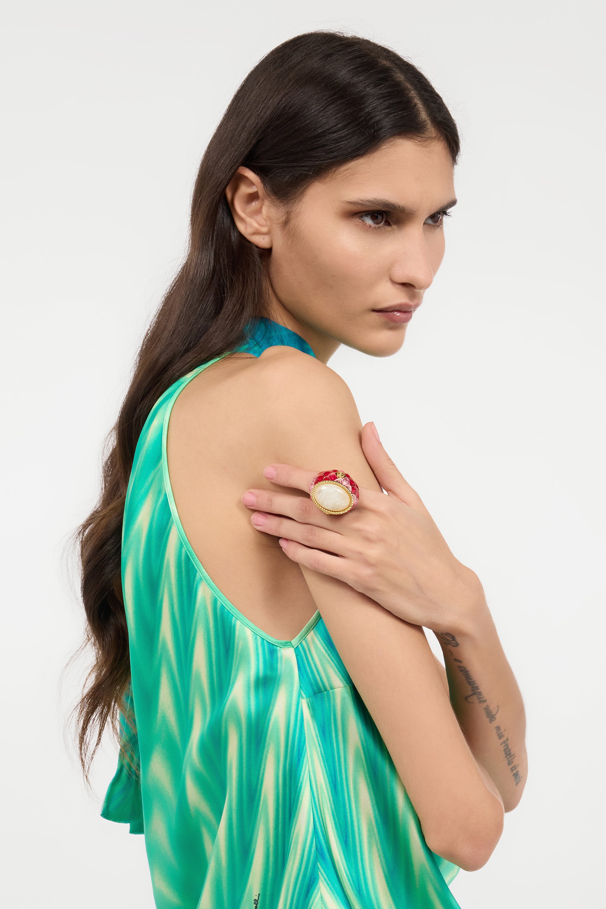 Roberto Cavalli Cocktail Ring With Scales And Stone In Multi Red/bianco/oro