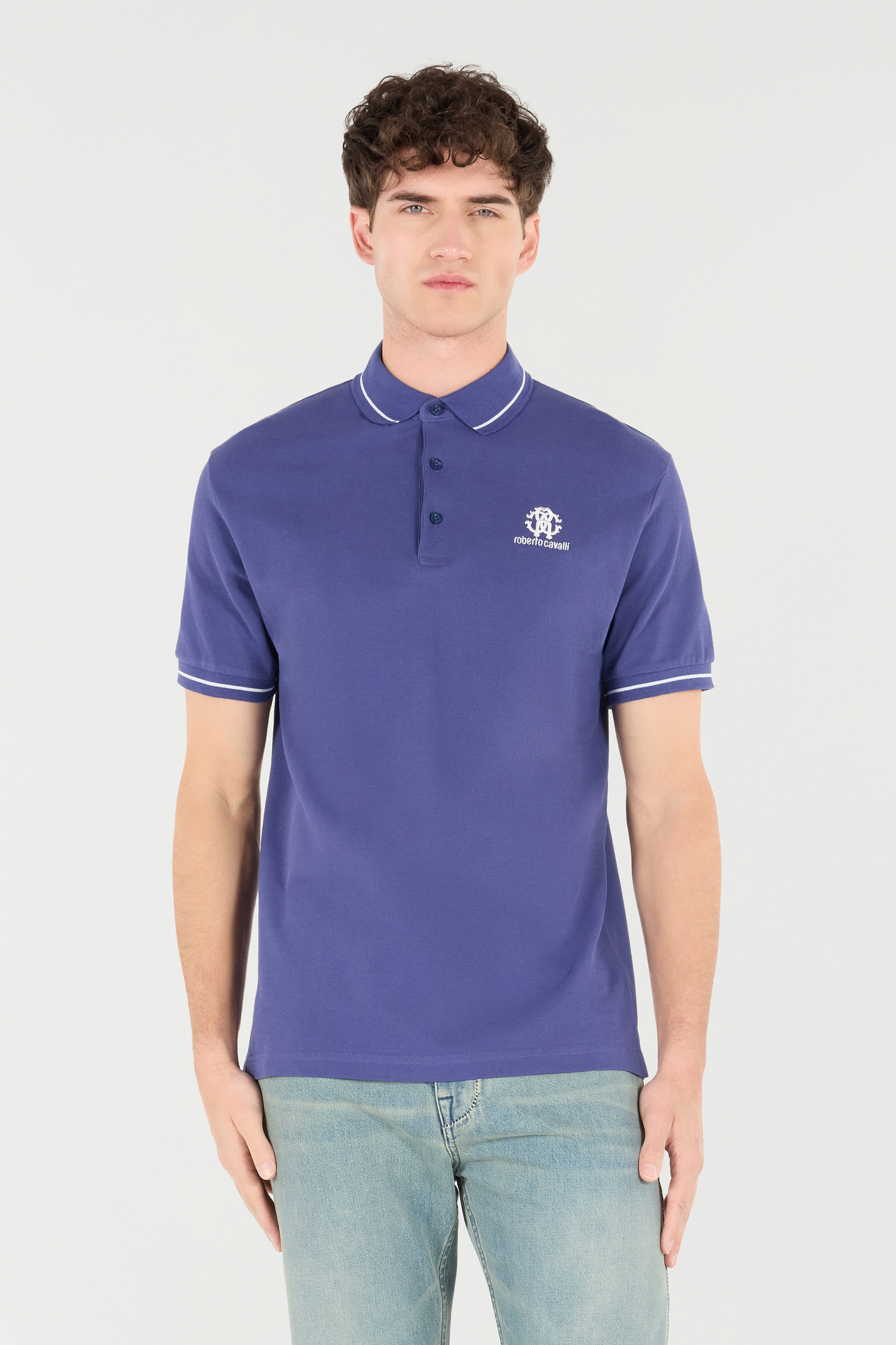 Roberto Cavalli Polo Shirt With Monogram Rc And Logo In Navy