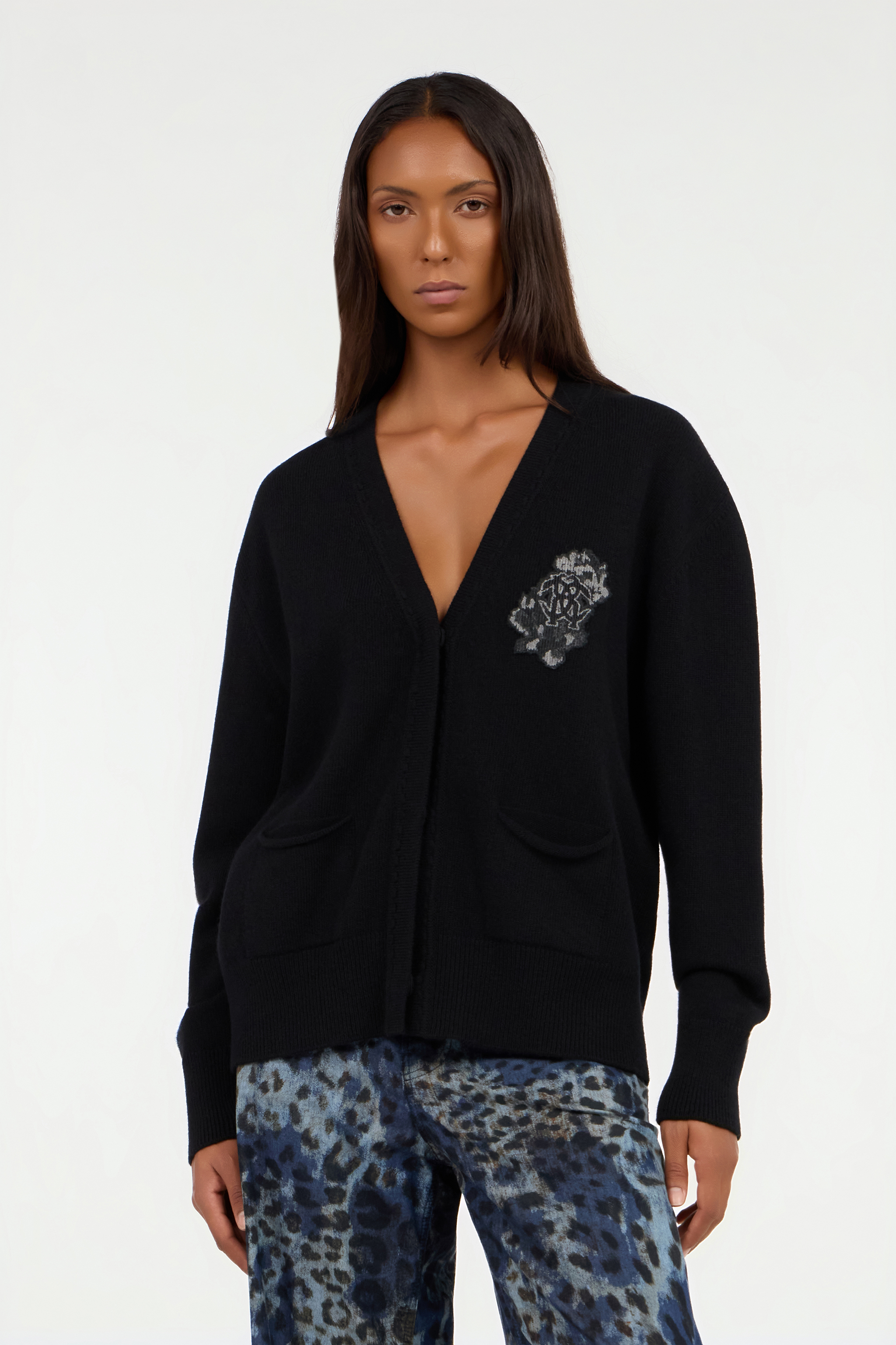 Roberto Cavalli Black Cardigan With Monogram Mirror Snake In Black