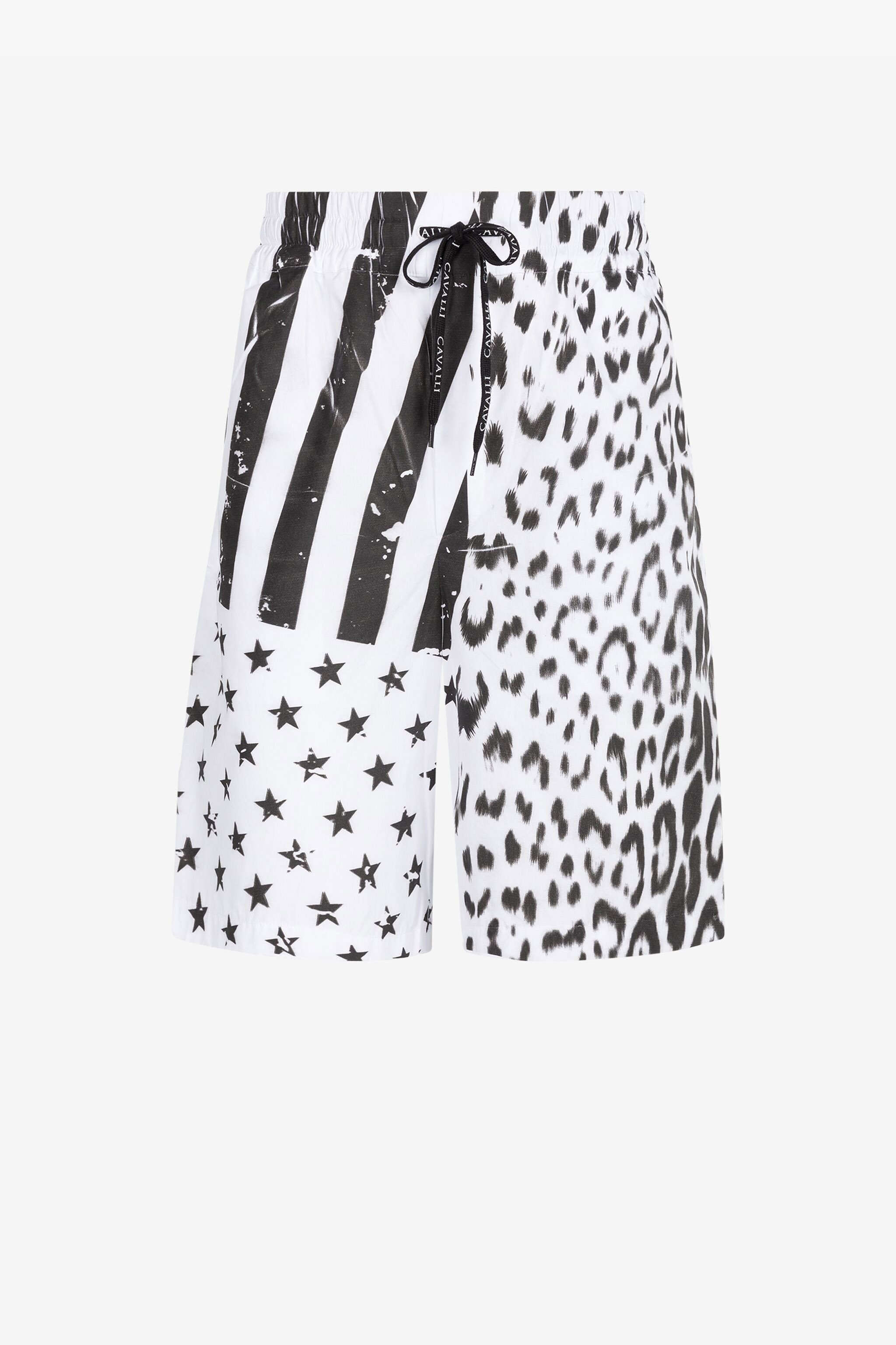 Roberto Cavalli Mixed-print Drawstring-waist Shorts In Black/white