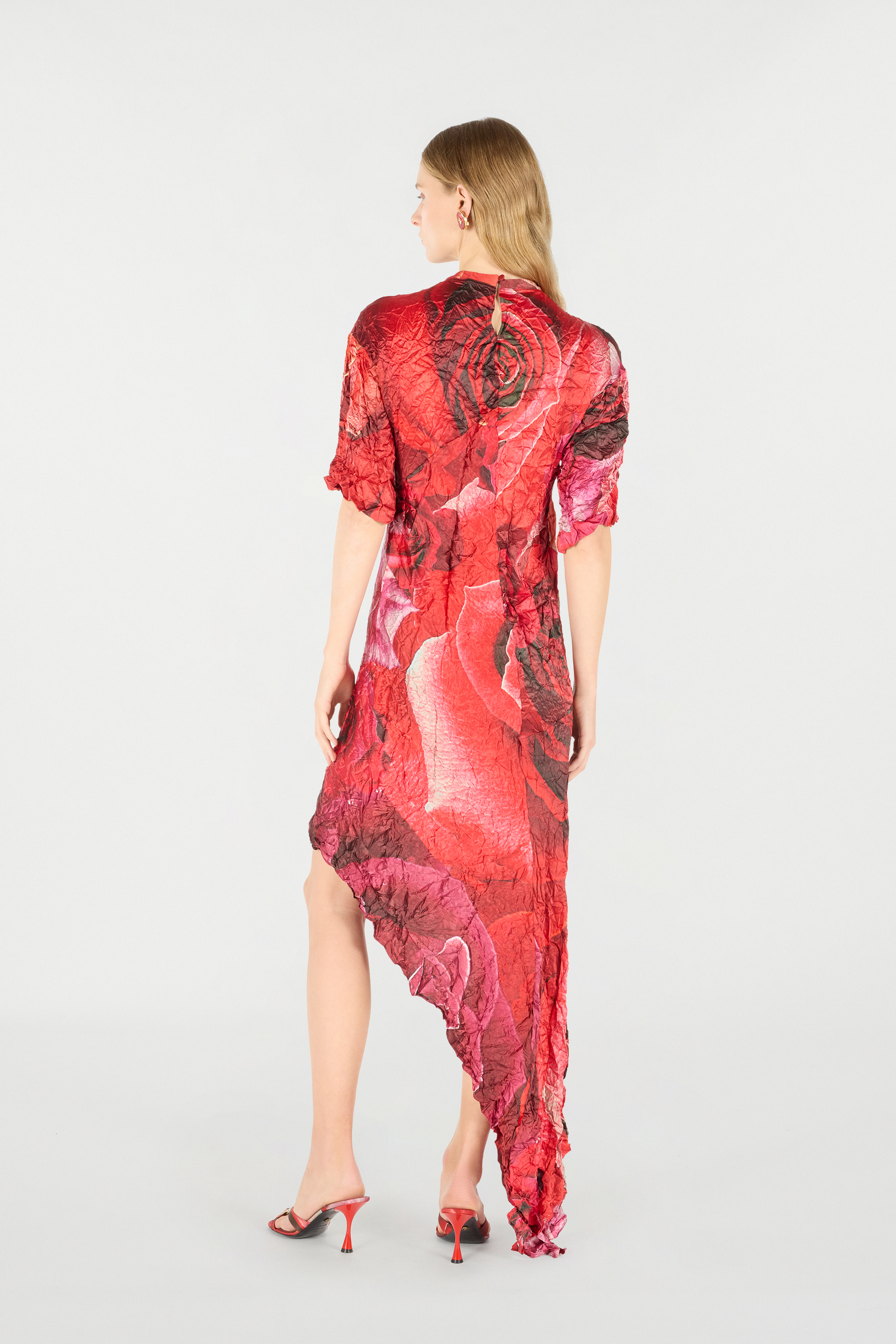Roberto Cavalli Crinkled Asymmetric Dress With Rose Print In Red