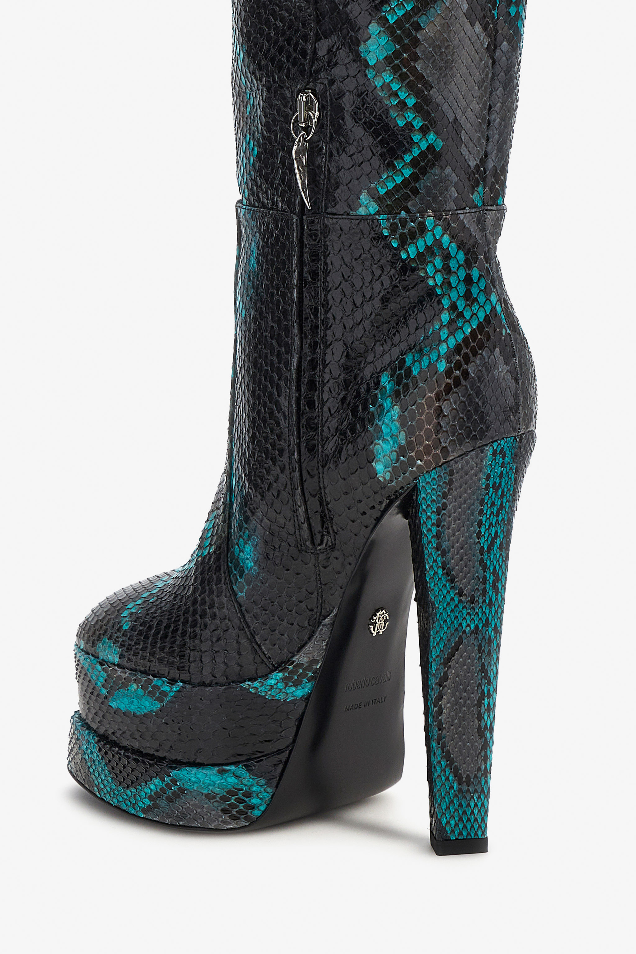 Roberto Cavalli Embossed Python Knee-high Boots In Black