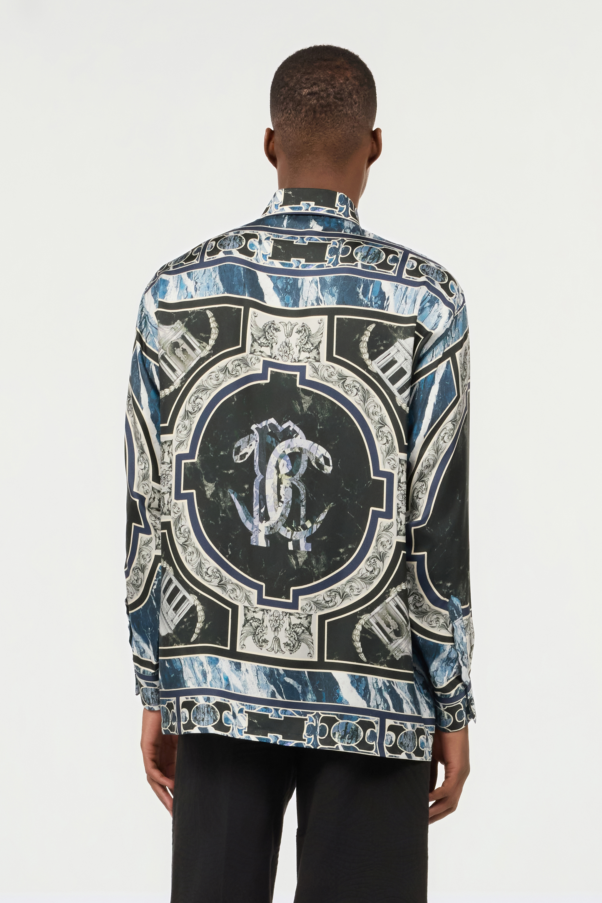 Roberto Cavalli Shirt With Marble Print And Embellishments In Dark Blue