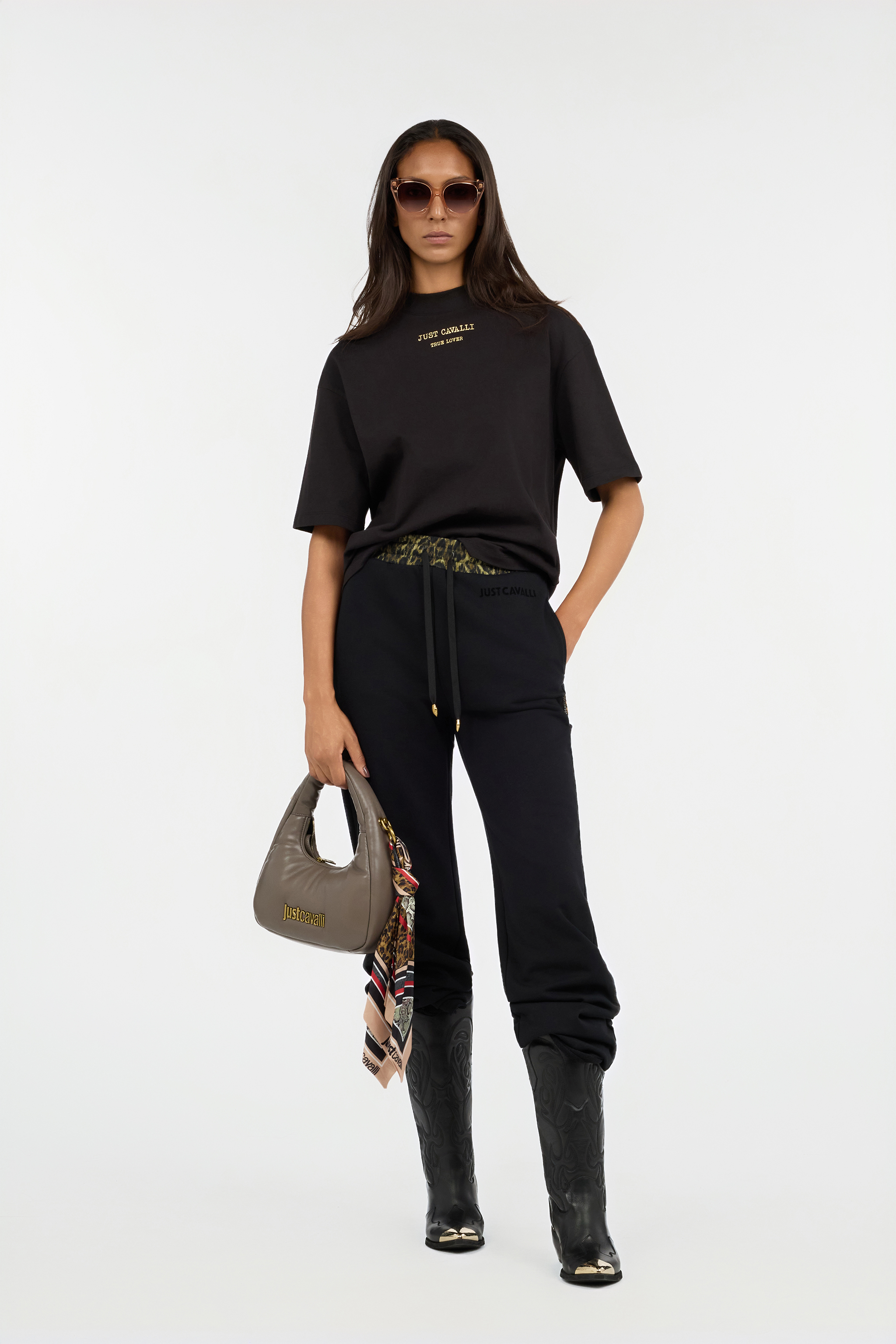 Roberto Cavalli Black Flared Trousers With Leopard Print Waistband In Brown
