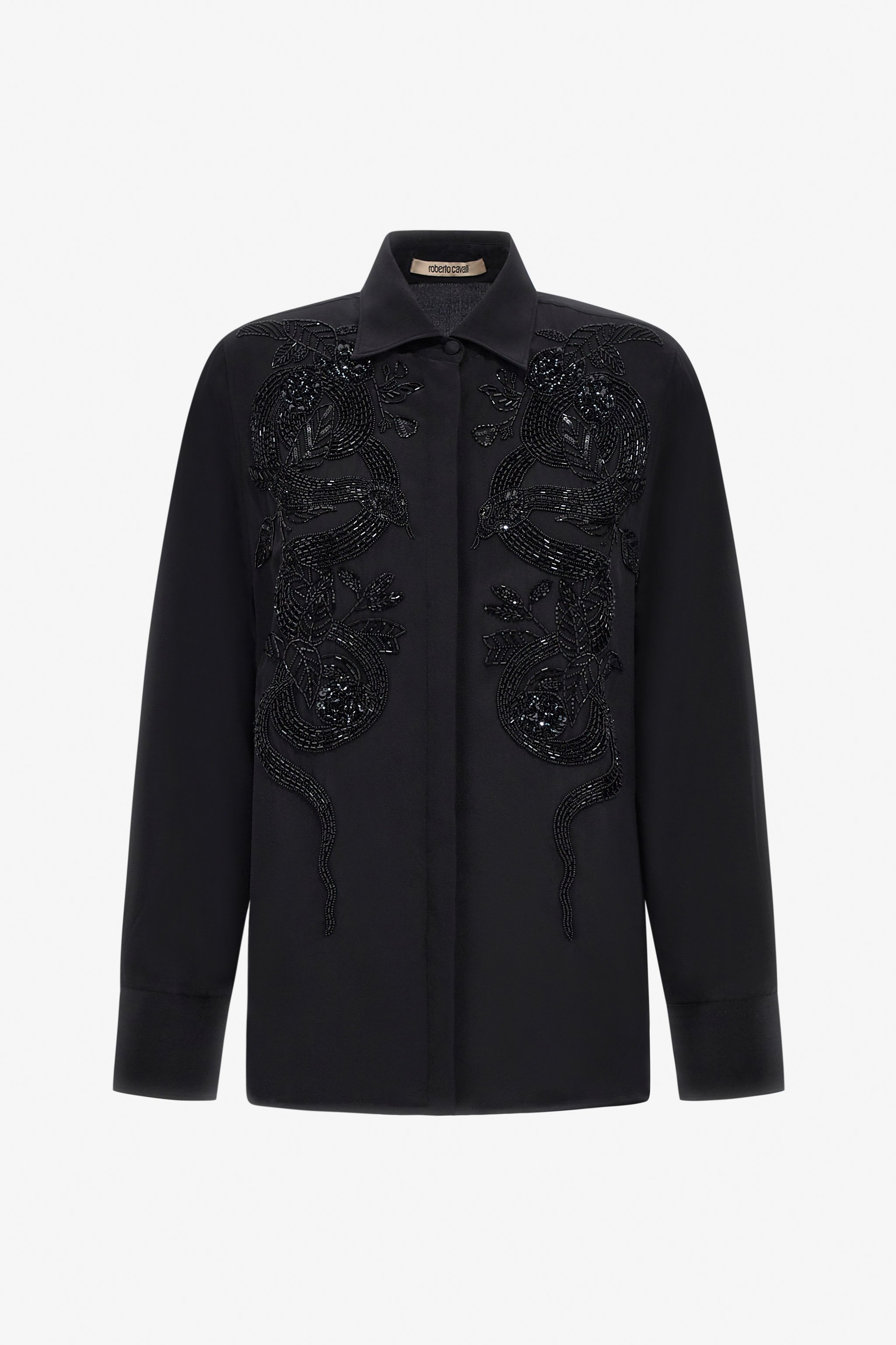Roberto Cavalli Bead-embellished Appliqué Viscose Shirt In Black