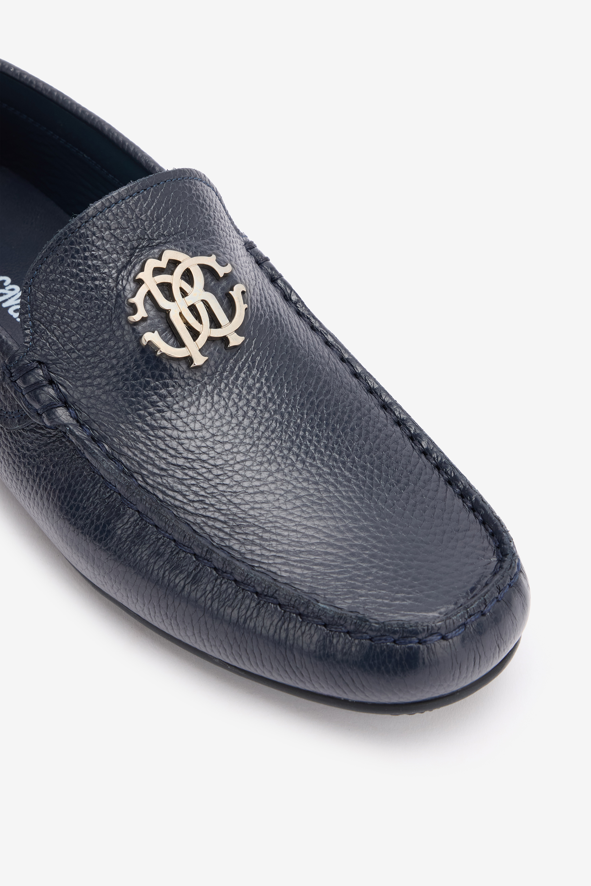 Roberto Cavalli Hammered Effect Loafers With Rc Monogram In Dark Blue