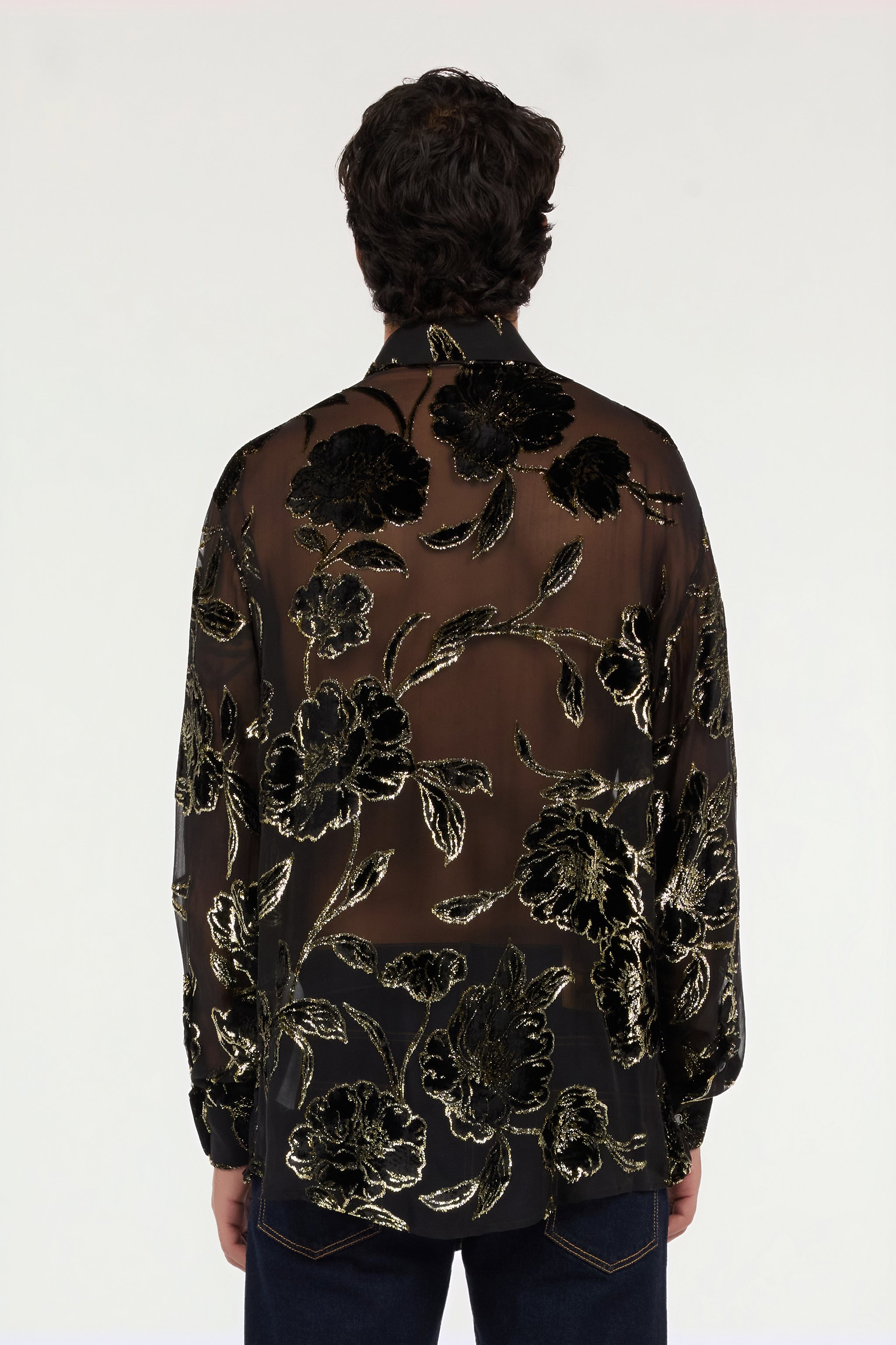 Black and Gold See-Through Shirt with Floral Pattern