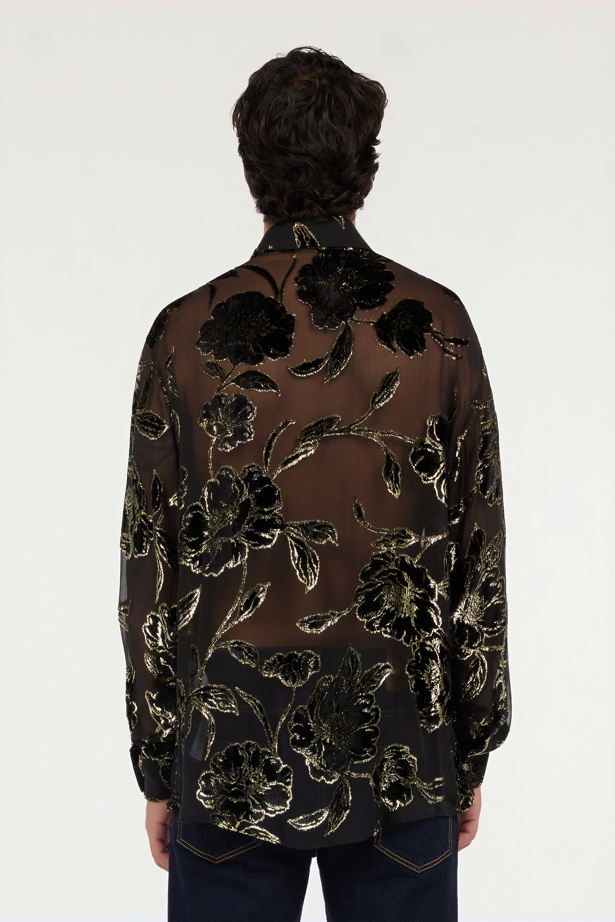  Roberto Cavalli Black And Gold See-through Shirt With Floral Pattern - Male Shirts Black And Gold 48 