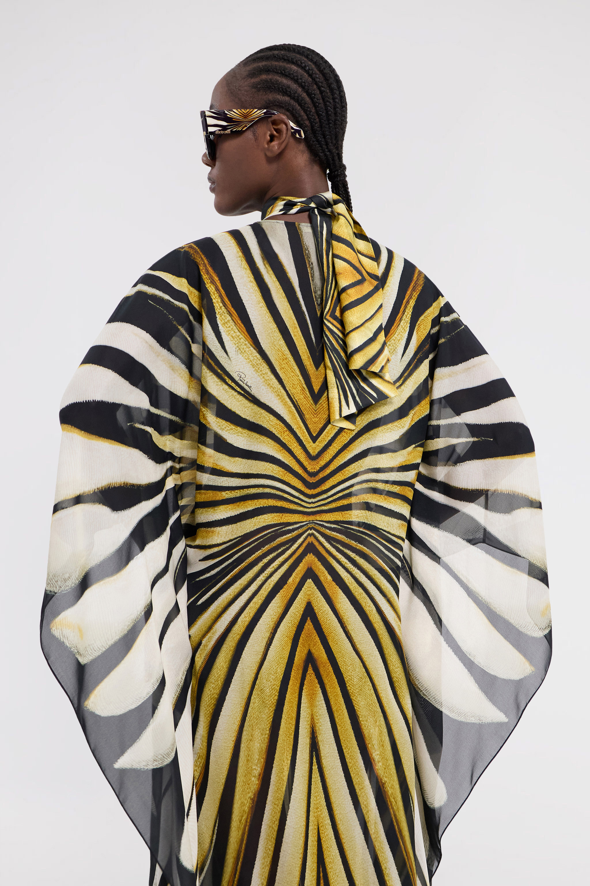 Roberto Cavalli Ray Of Gold Print Chiffon Long Caftan In Gold