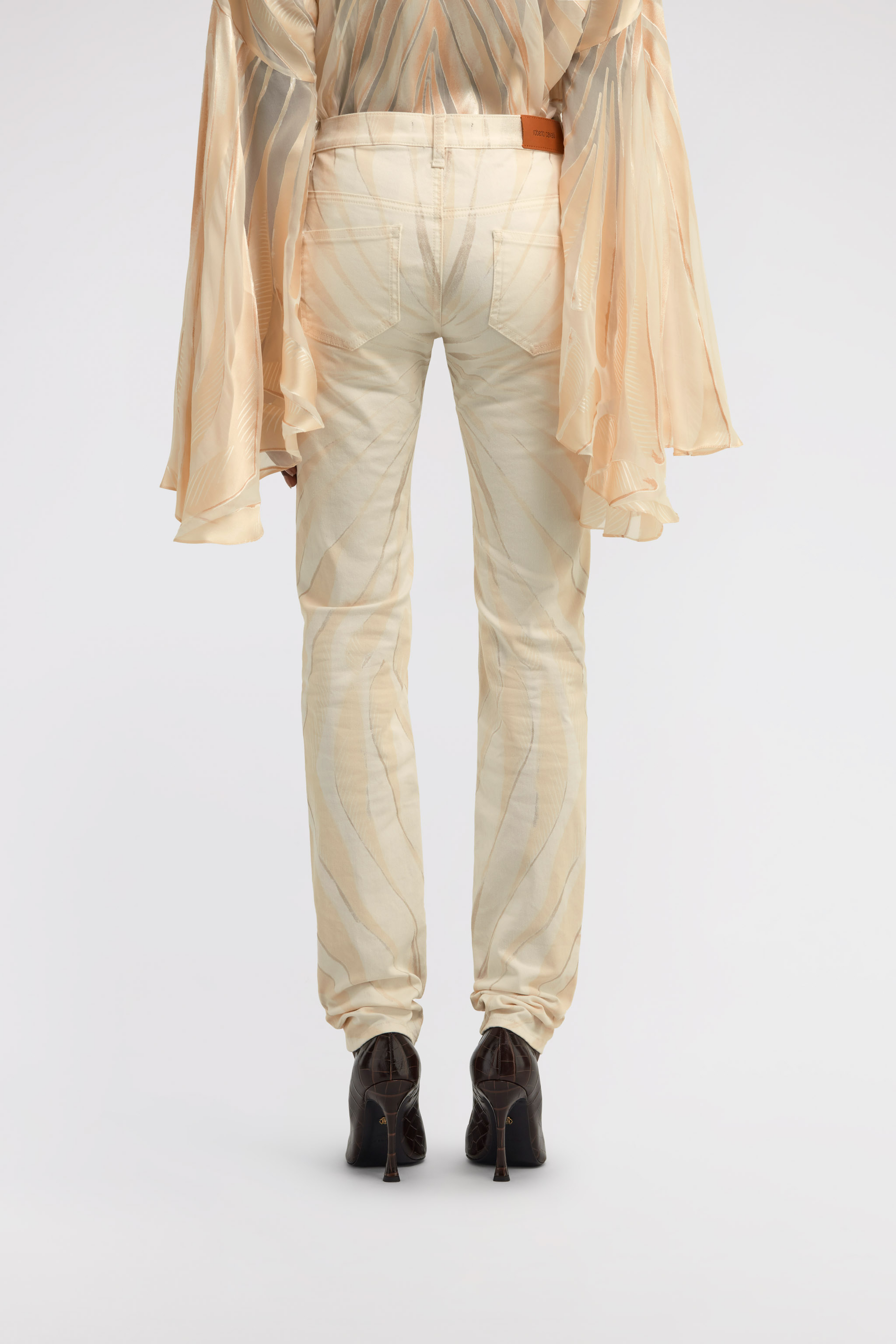 ROBERTO CAVALLI RAY OF GOLD PRINT SKINNY COTTON TROUSERS