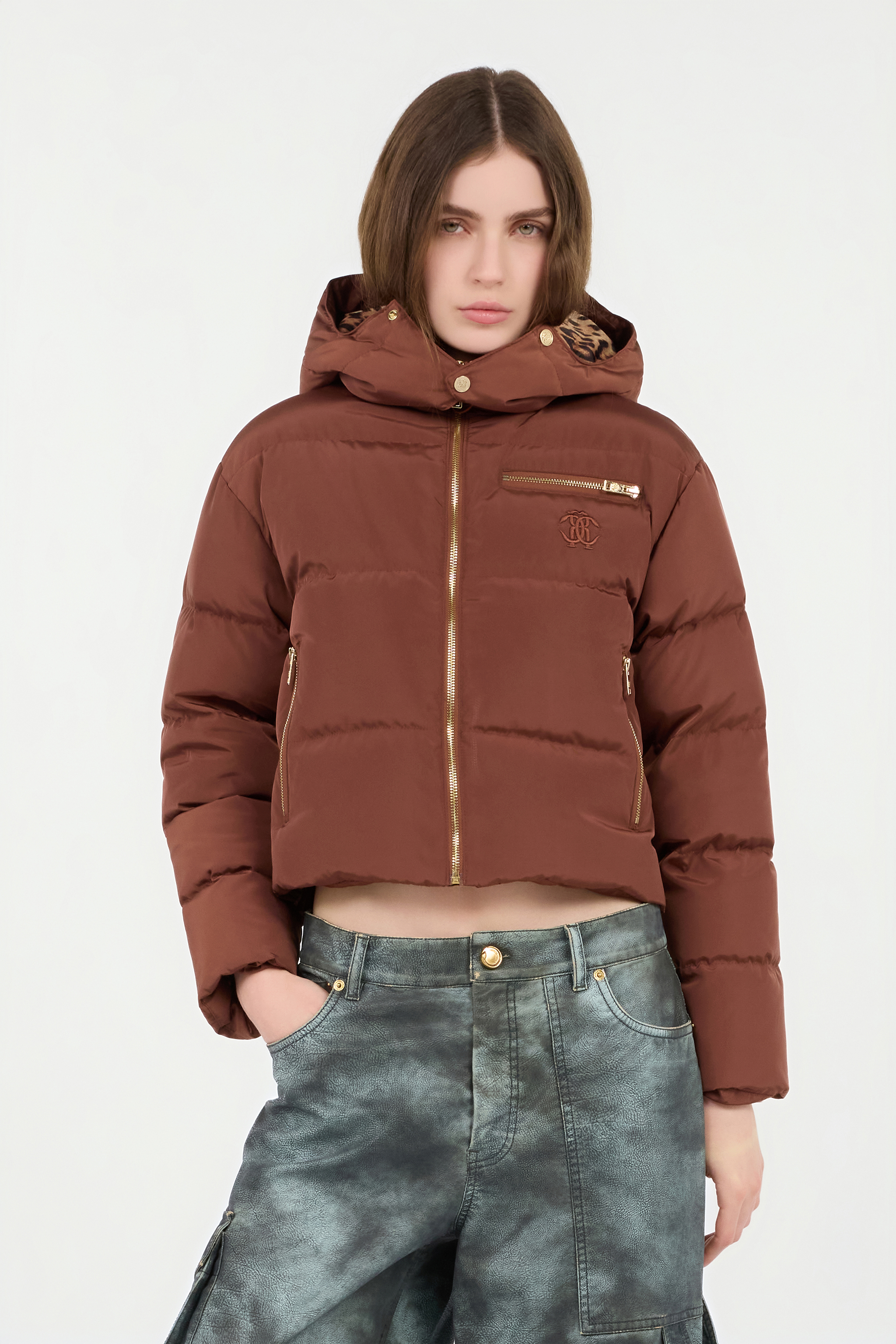 Roberto Cavalli Brown Down Jacket With Monogram Rc In Brown