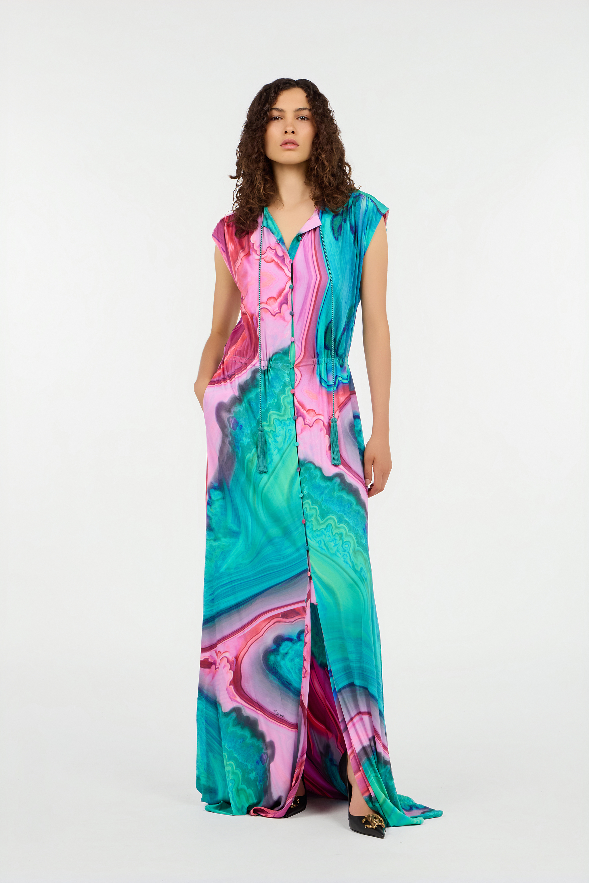 Long dress chemisier with multicolor marbled print