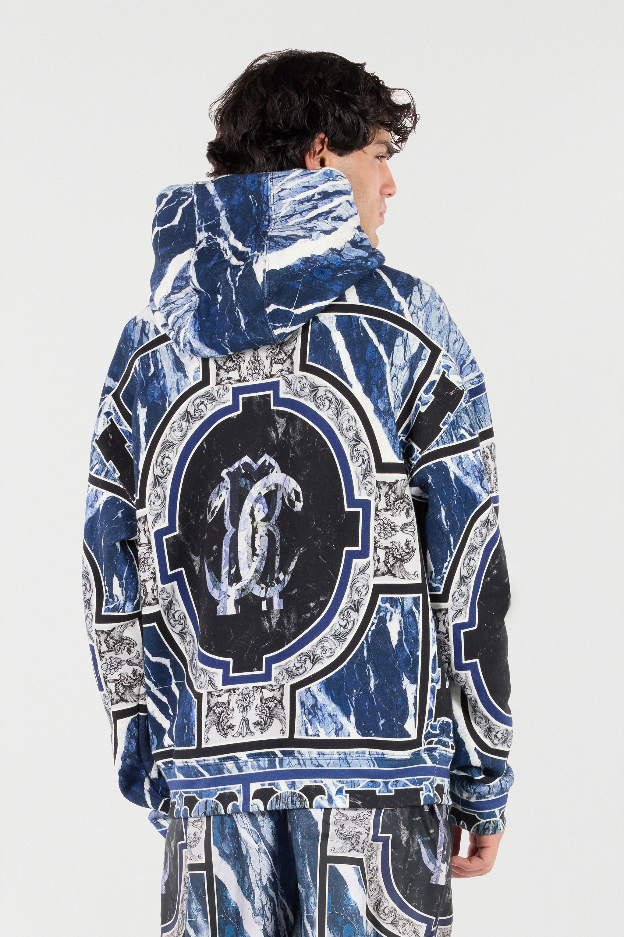 Roberto Cavalli Sweatshirt With Marble Print And Embellishments In Blue